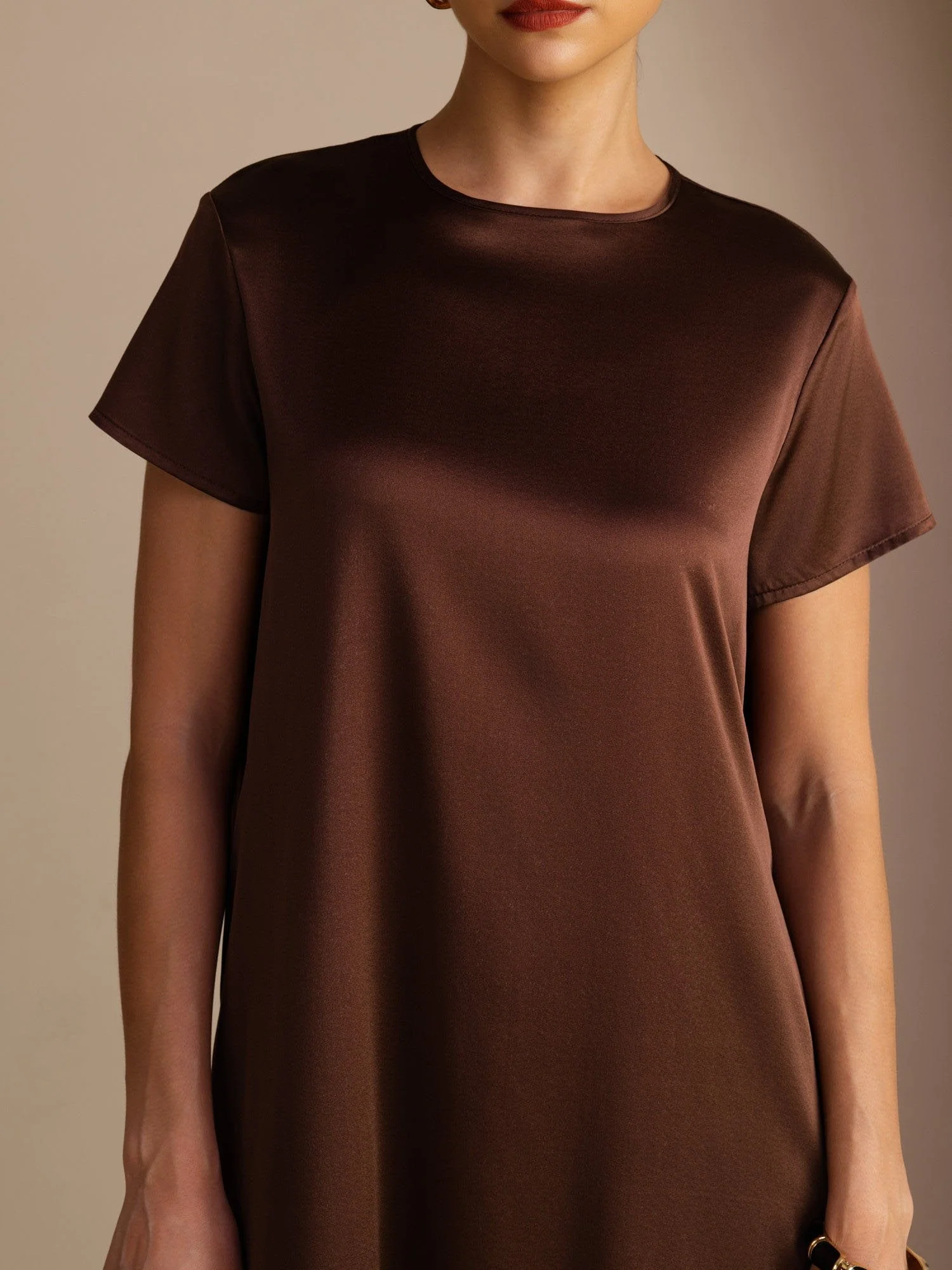 Robe Midi en Soie 19 Momme à Col Rond Manches Courtes et Poches Latérales - Image 12