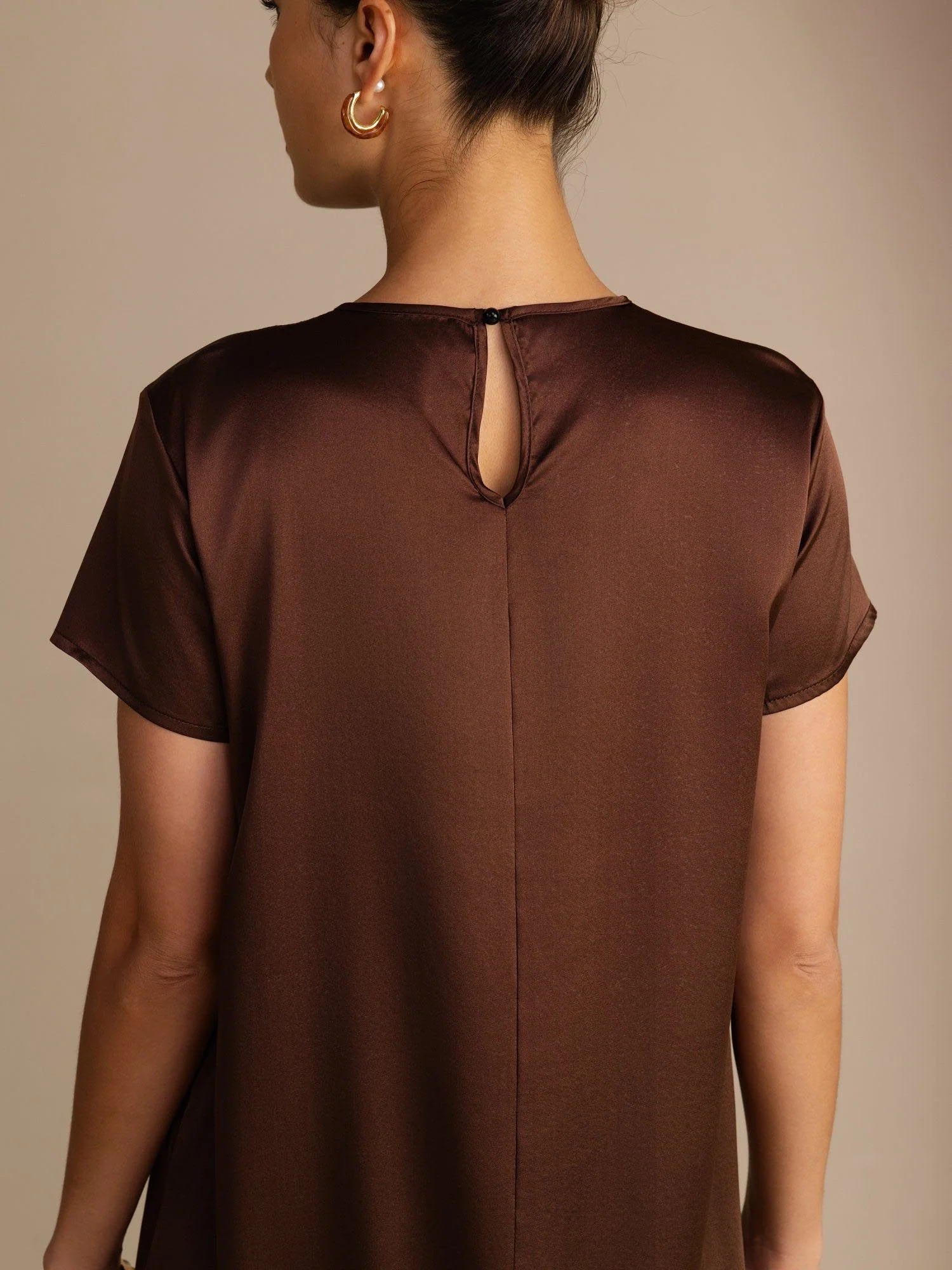 Robe Midi en Soie 19 Momme à Col Rond Manches Courtes et Poches Latérales - Image 13