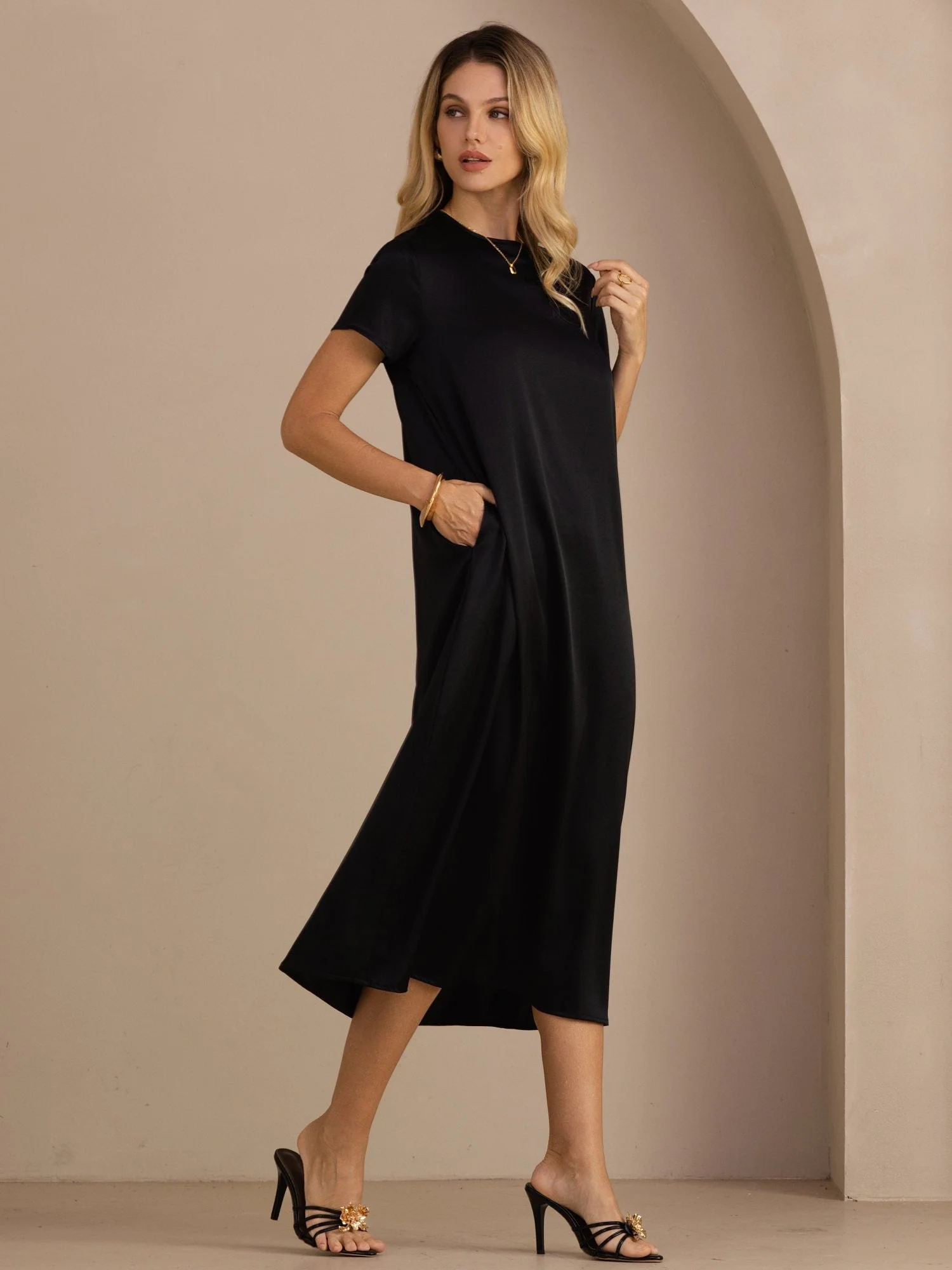 Robe Midi en Soie 19 Momme à Col Rond Manches Courtes et Poches Latérales - Image 20