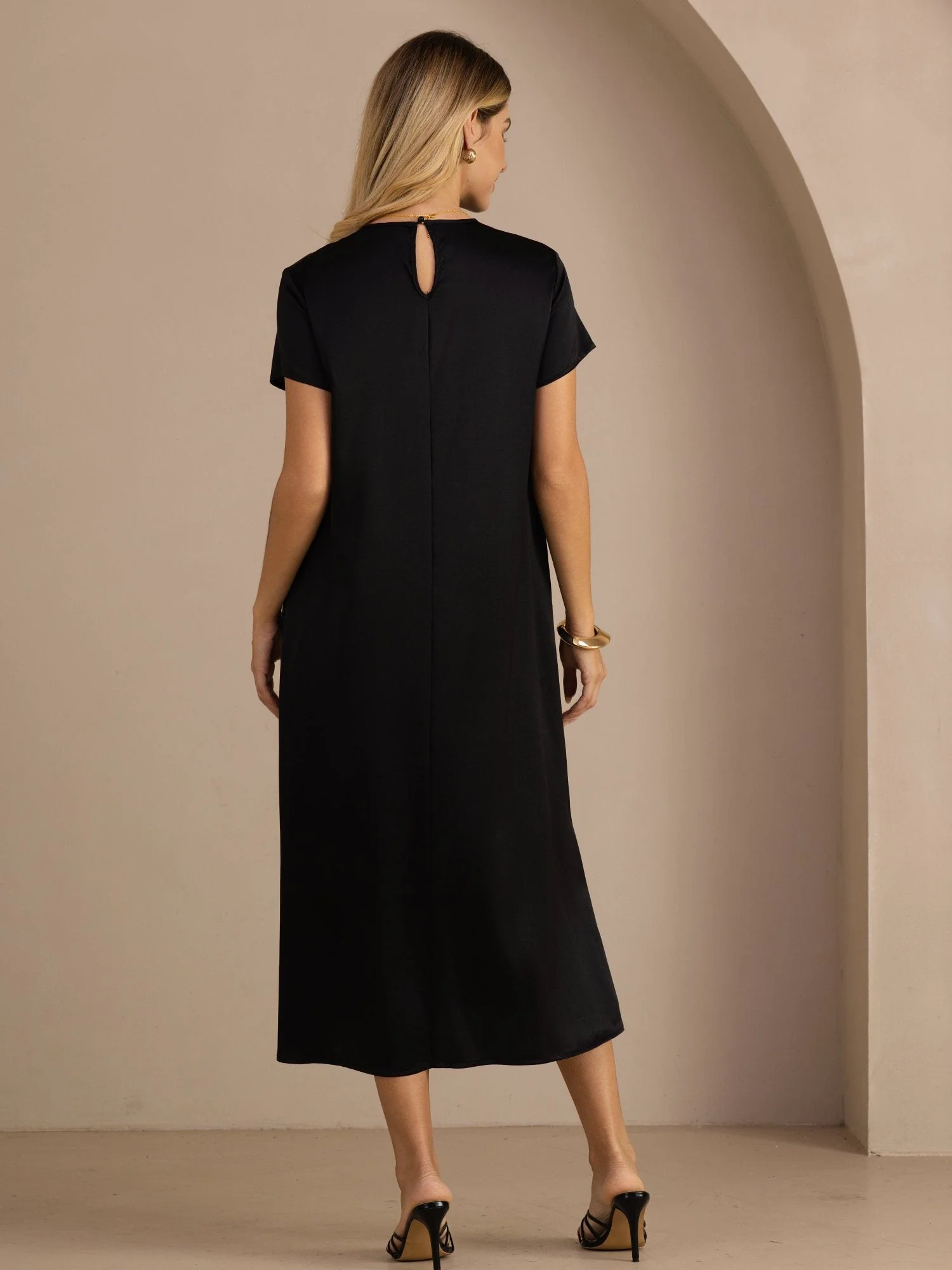 Robe Midi en Soie 19 Momme à Col Rond Manches Courtes et Poches Latérales - Image 21