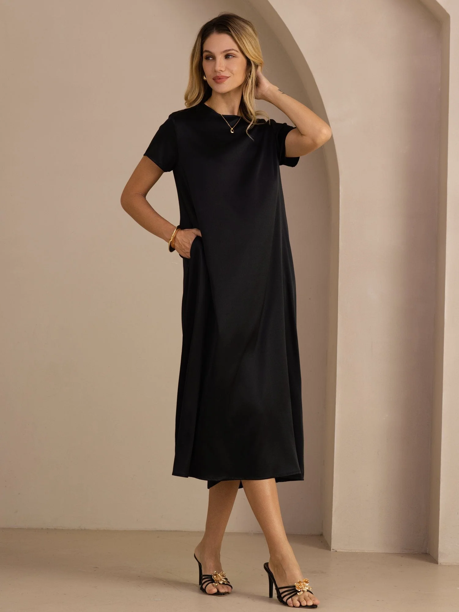 Robe Midi en Soie 19 Momme à Col Rond Manches Courtes et Poches Latérales - Image 23
