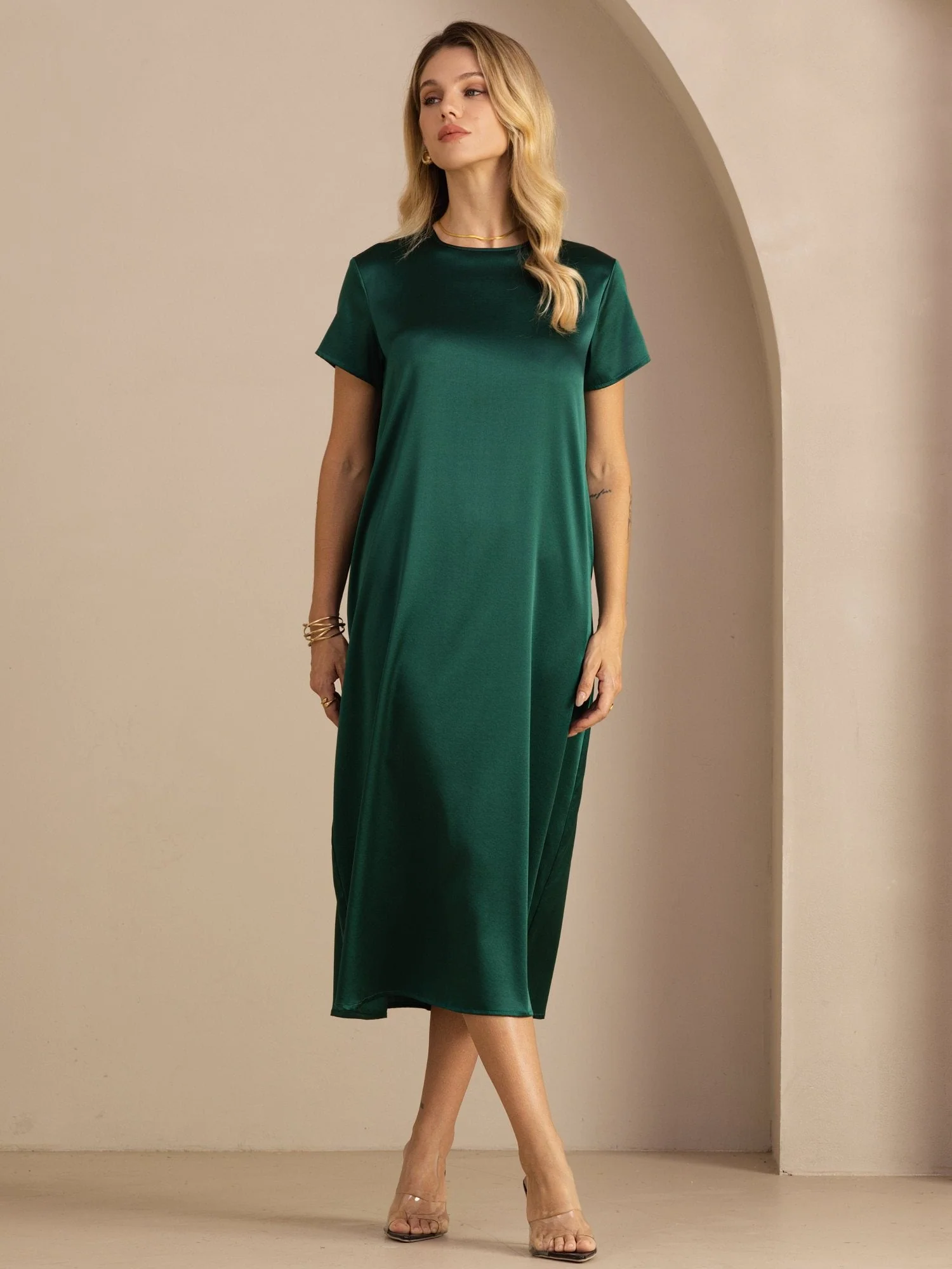 Robe Midi en Soie 19 Momme à Col Rond Manches Courtes et Poches Latérales - Image 7