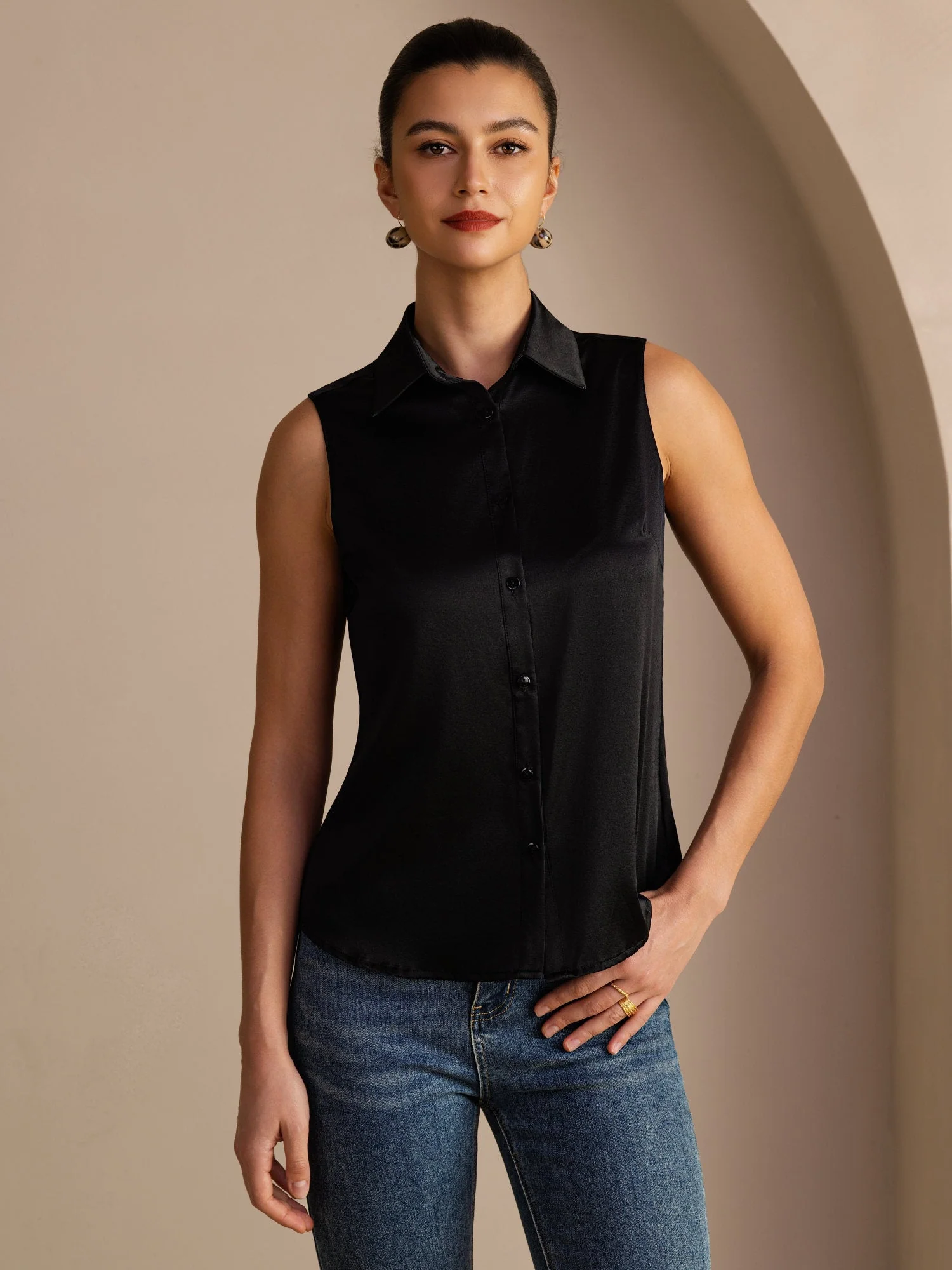 19 mommes Soie Sans Manches Col Classique Chemise - Image 15