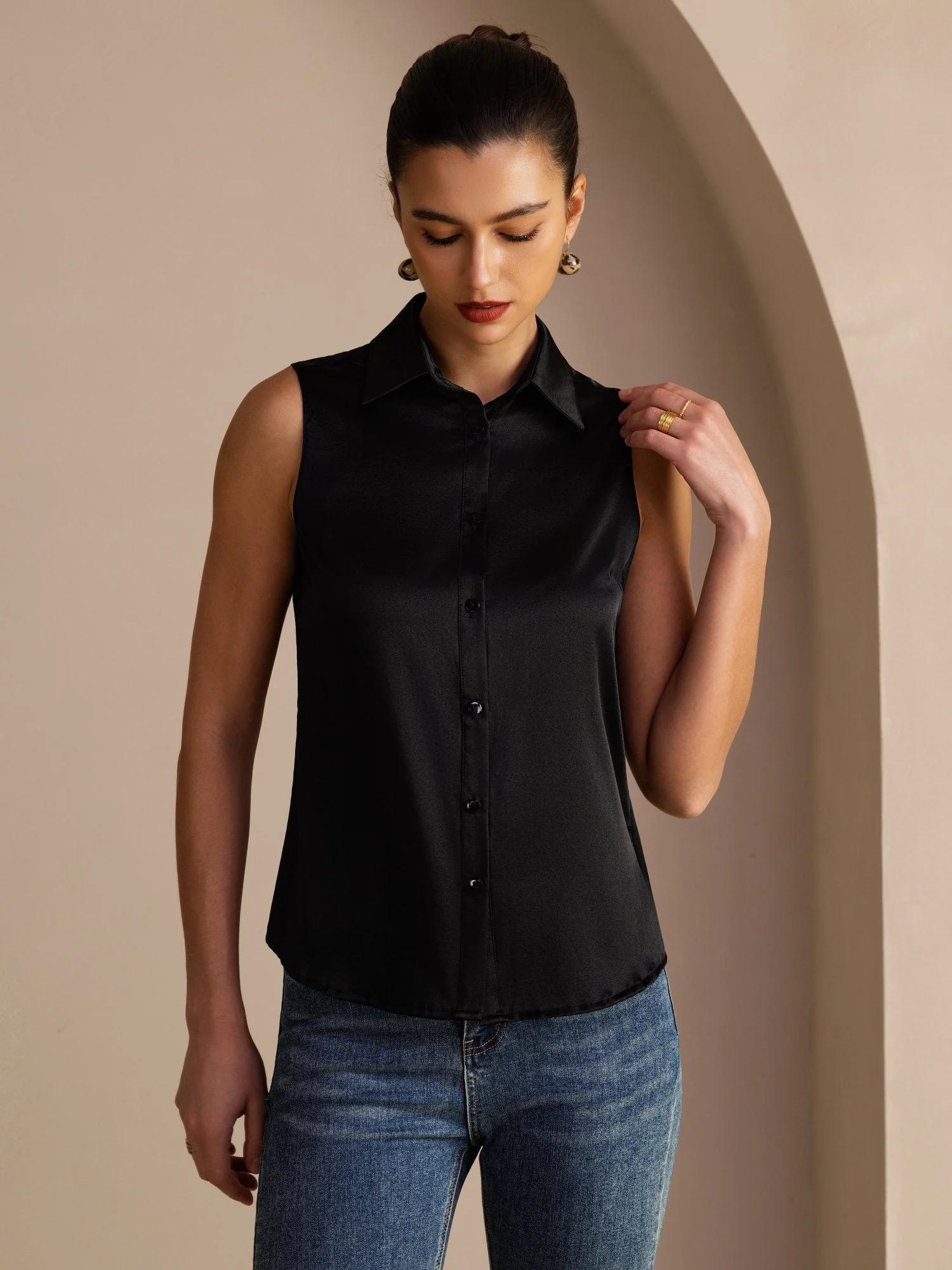 19 mommes Soie Sans Manches Col Classique Chemise - Image 19