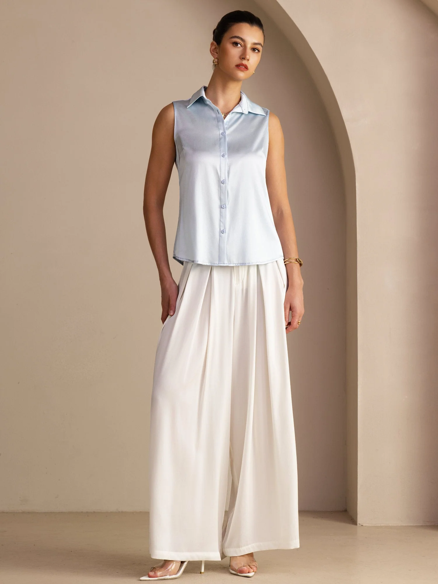 19 mommes Soie Sans Manches Col Classique Chemise - Image 25