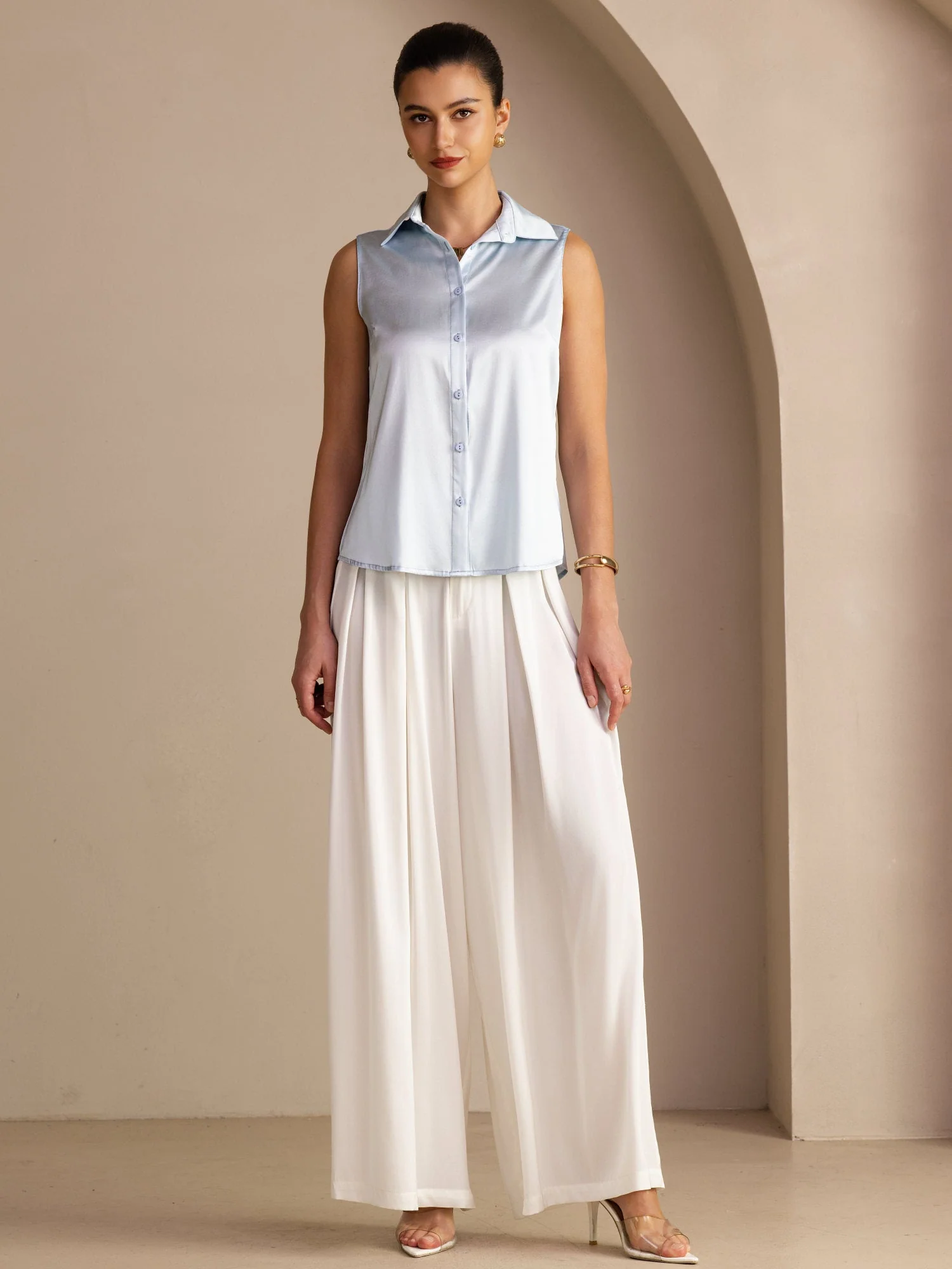 19 mommes Soie Sans Manches Col Classique Chemise - Image 26