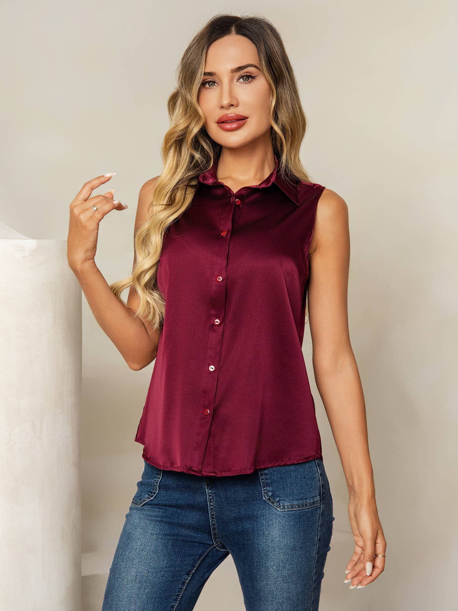 19 mommes Soie Sans Manches Col Classique Chemise - Image 34