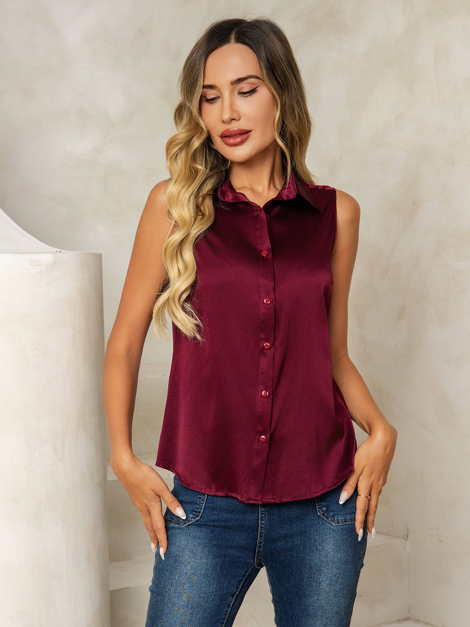 19 mommes Soie Sans Manches Col Classique Chemise - Image 39