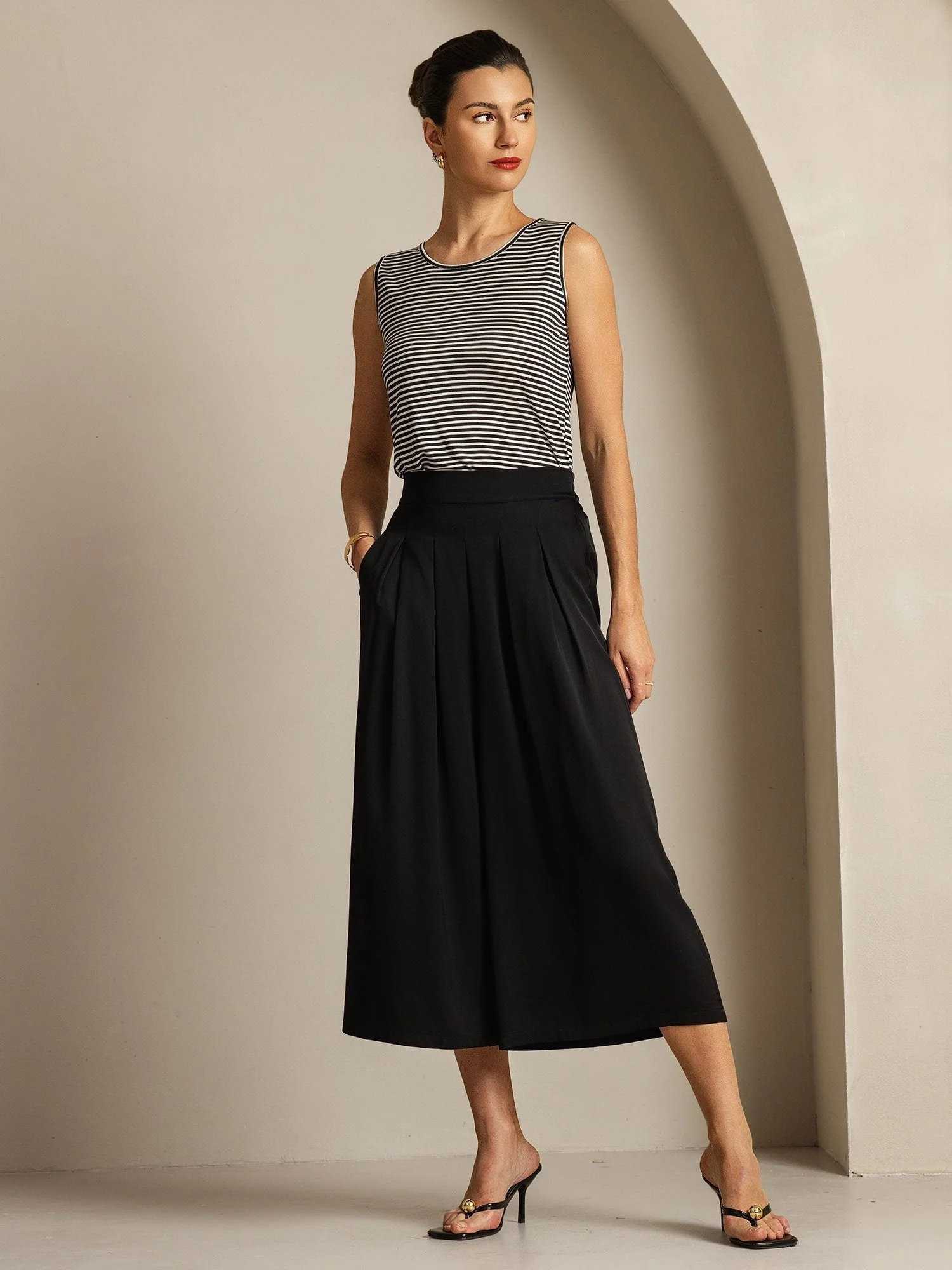 Pantalon Capri Femme En Soie 19Momme Taille Haute Plissée Jambe Large - Image 3