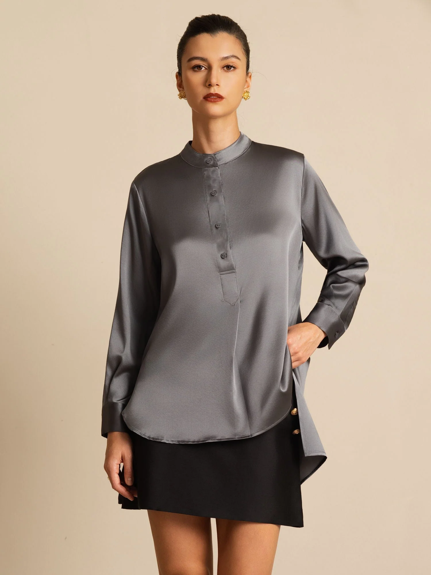 Blouse femme en soie 19Momme à col montant High-Low avec détails boutonnés - Image 23