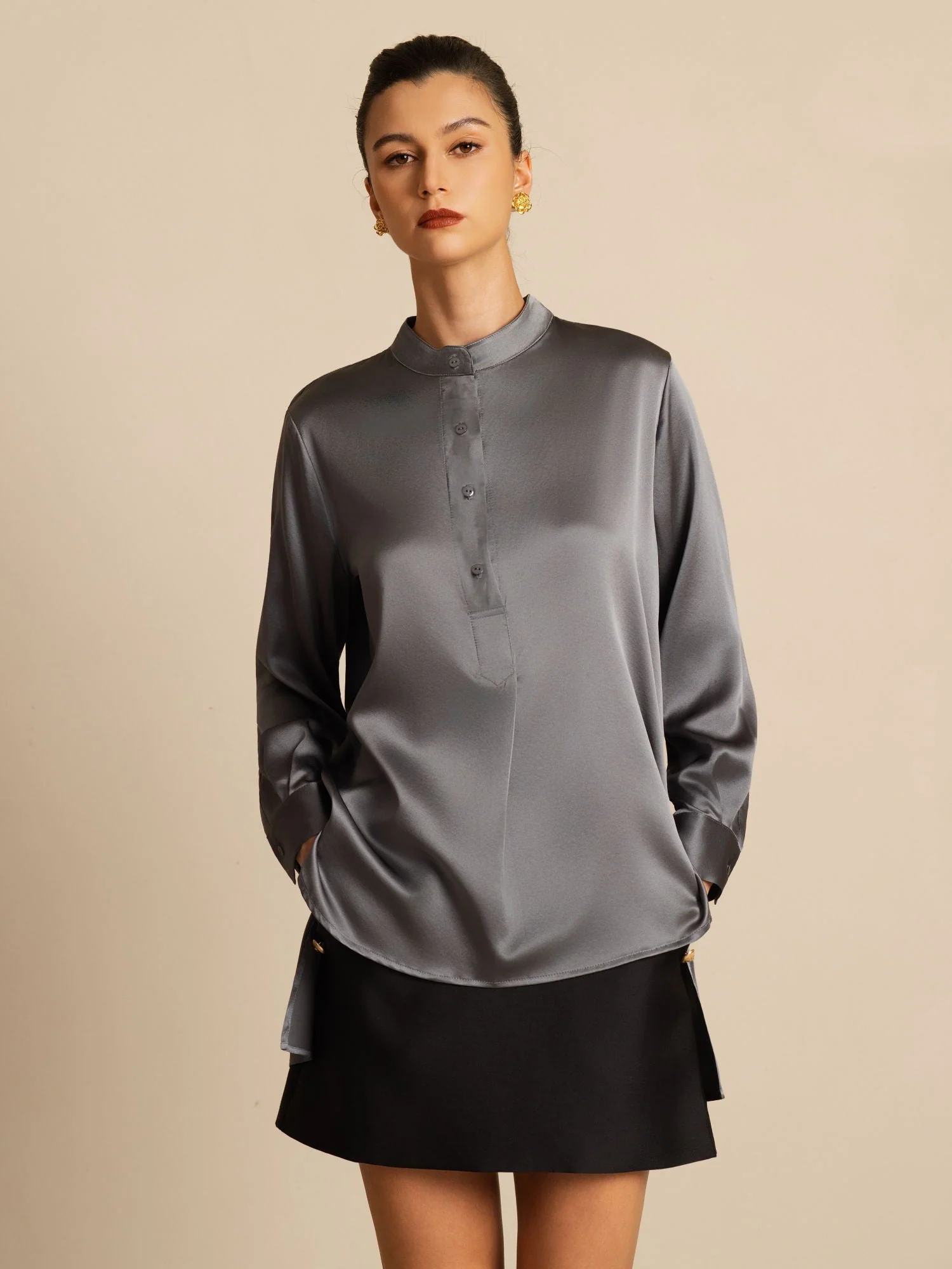 Blouse femme en soie 19Momme à col montant High-Low avec détails boutonnés - Image 26