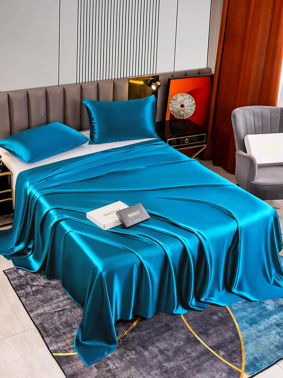 22Momme 3Pcs Set de soie Draps Plat+2x Taies d‘oreiller - Image 18
