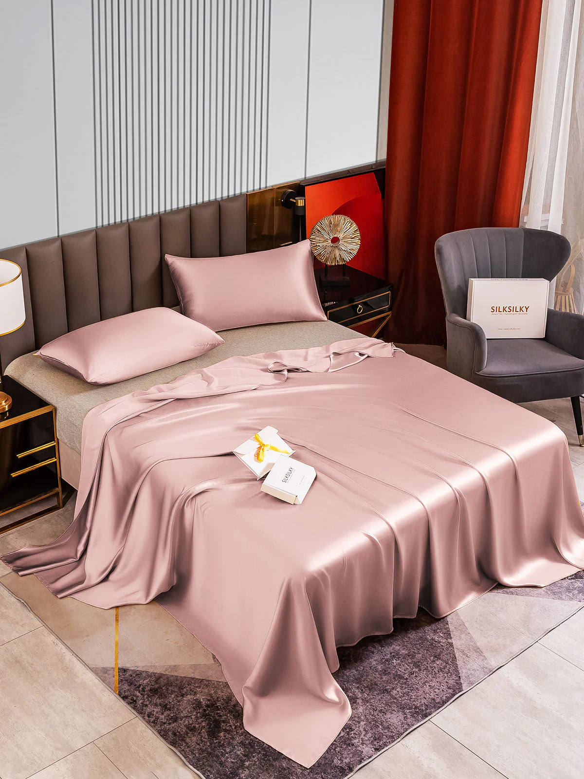22Momme 3Pcs Set de soie Draps Plat+2x Taies d‘oreiller - Image 38