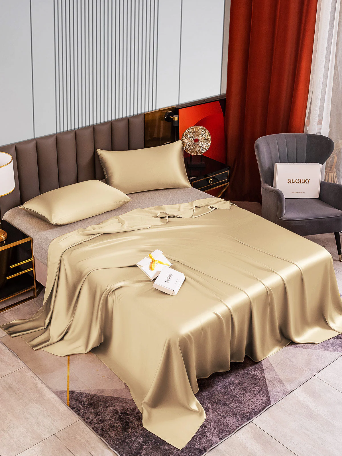 22Momme 3Pcs Set de soie Draps Plat+2x Taies d‘oreiller - Image 58