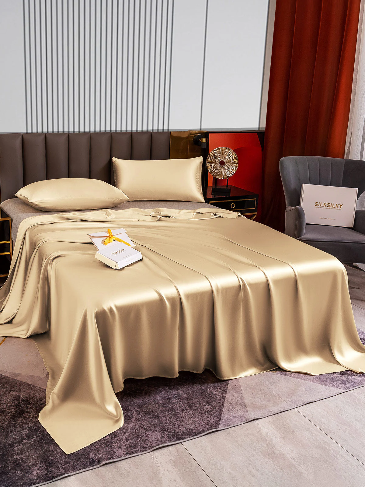 22Momme 3Pcs Set de soie Draps Plat+2x Taies d‘oreiller - Image 59