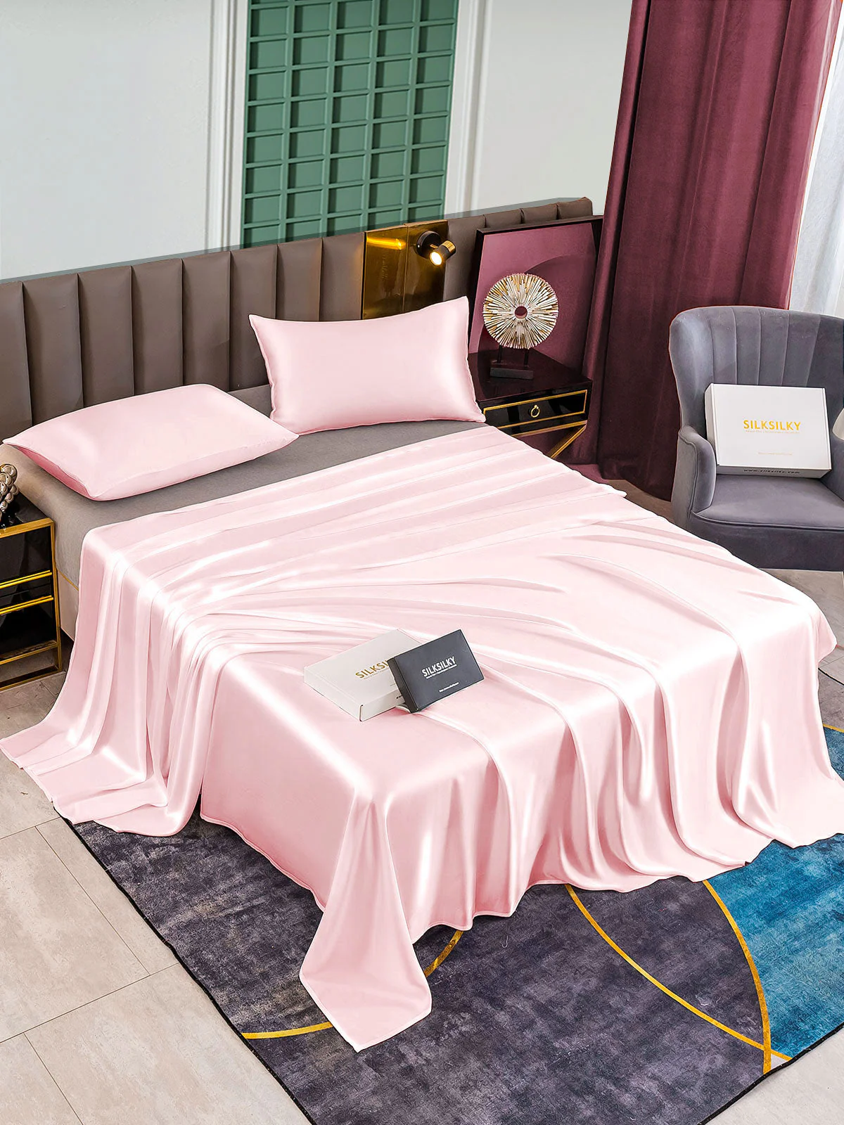 25Momme 3Pcs Set de soie Draps Plat+2x Taies d‘oreiller - Image 17