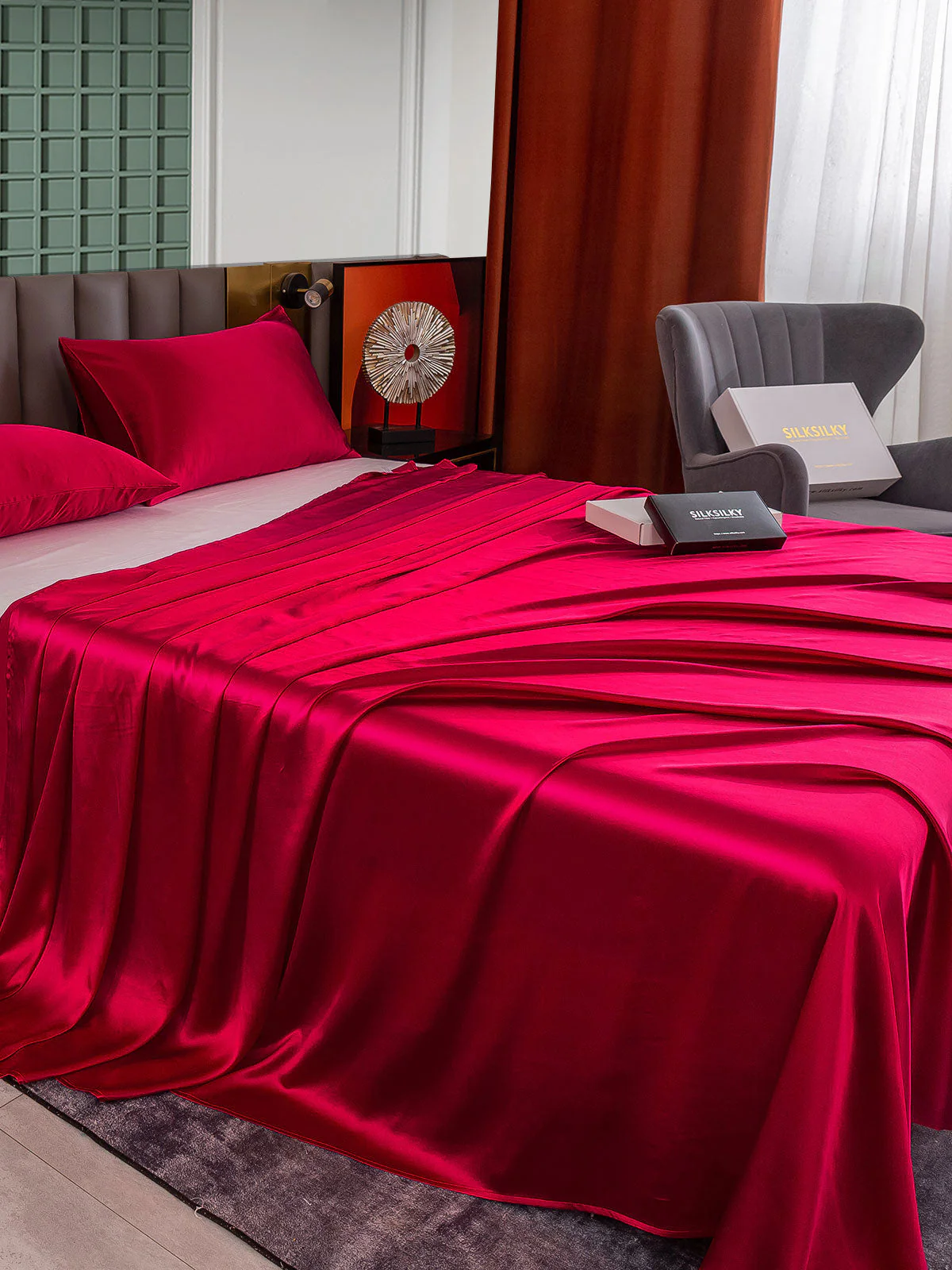 25Momme 3Pcs Set de soie Draps Plat+2x Taies d‘oreiller - Image 28