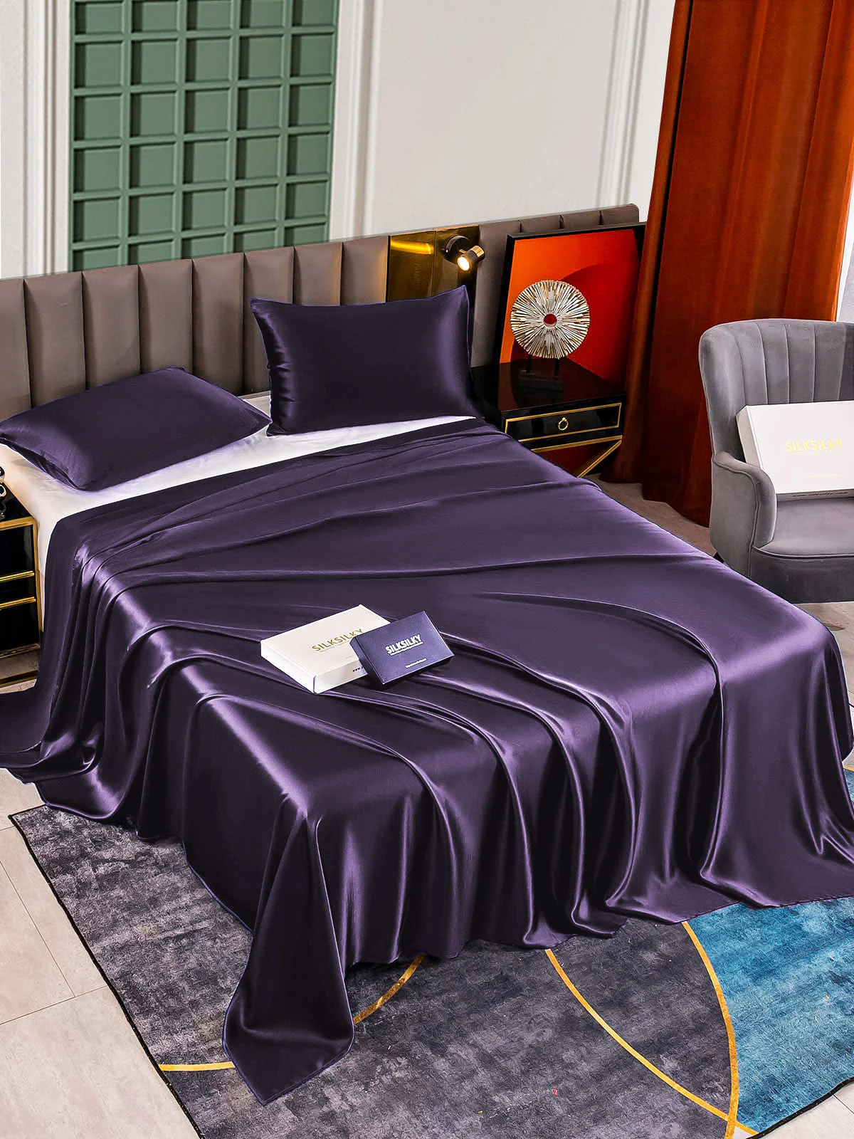 25Momme 3Pcs Set de soie Draps Plat+2x Taies d‘oreiller - Image 32