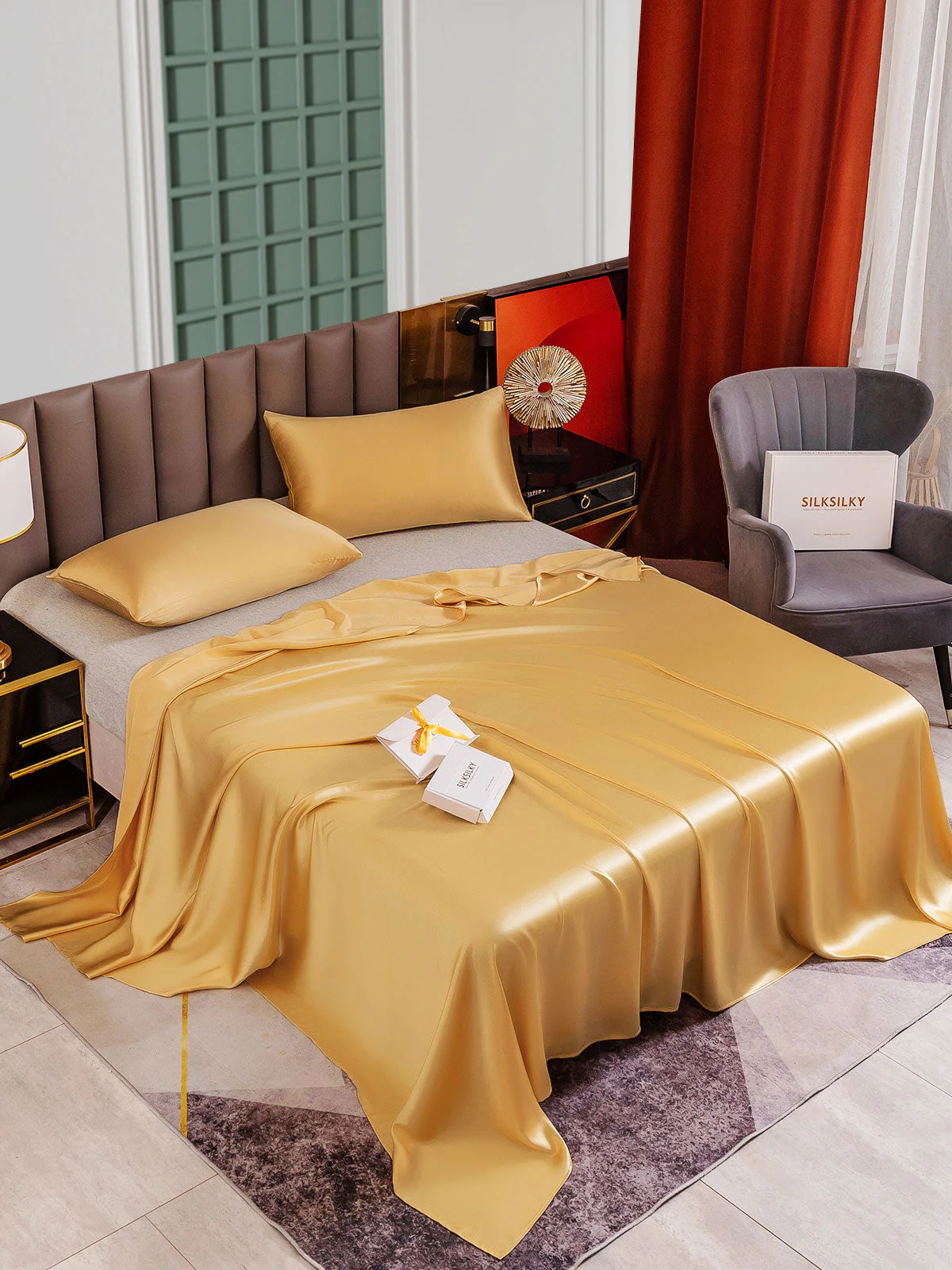 25Momme 3Pcs Set de soie Draps Plat+2x Taies d‘oreiller - Image 39