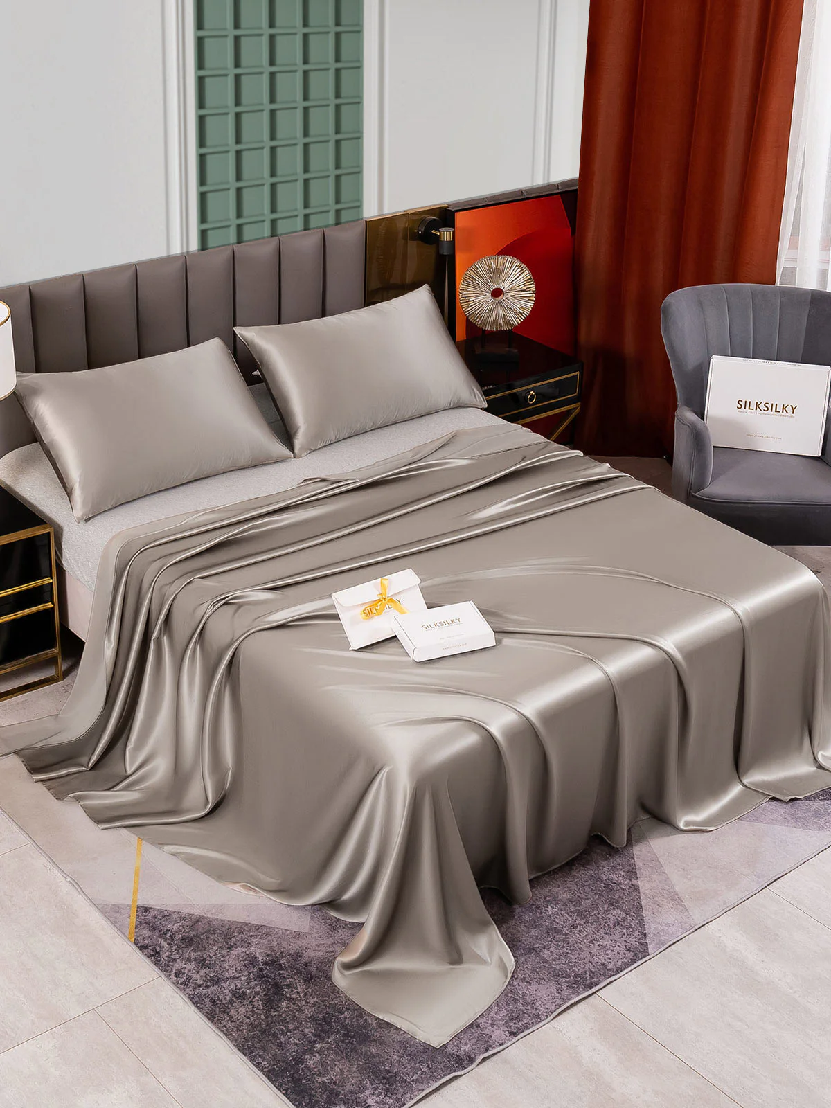 25Momme 3Pcs Set de soie Draps Plat+2x Taies d‘oreiller - Image 42