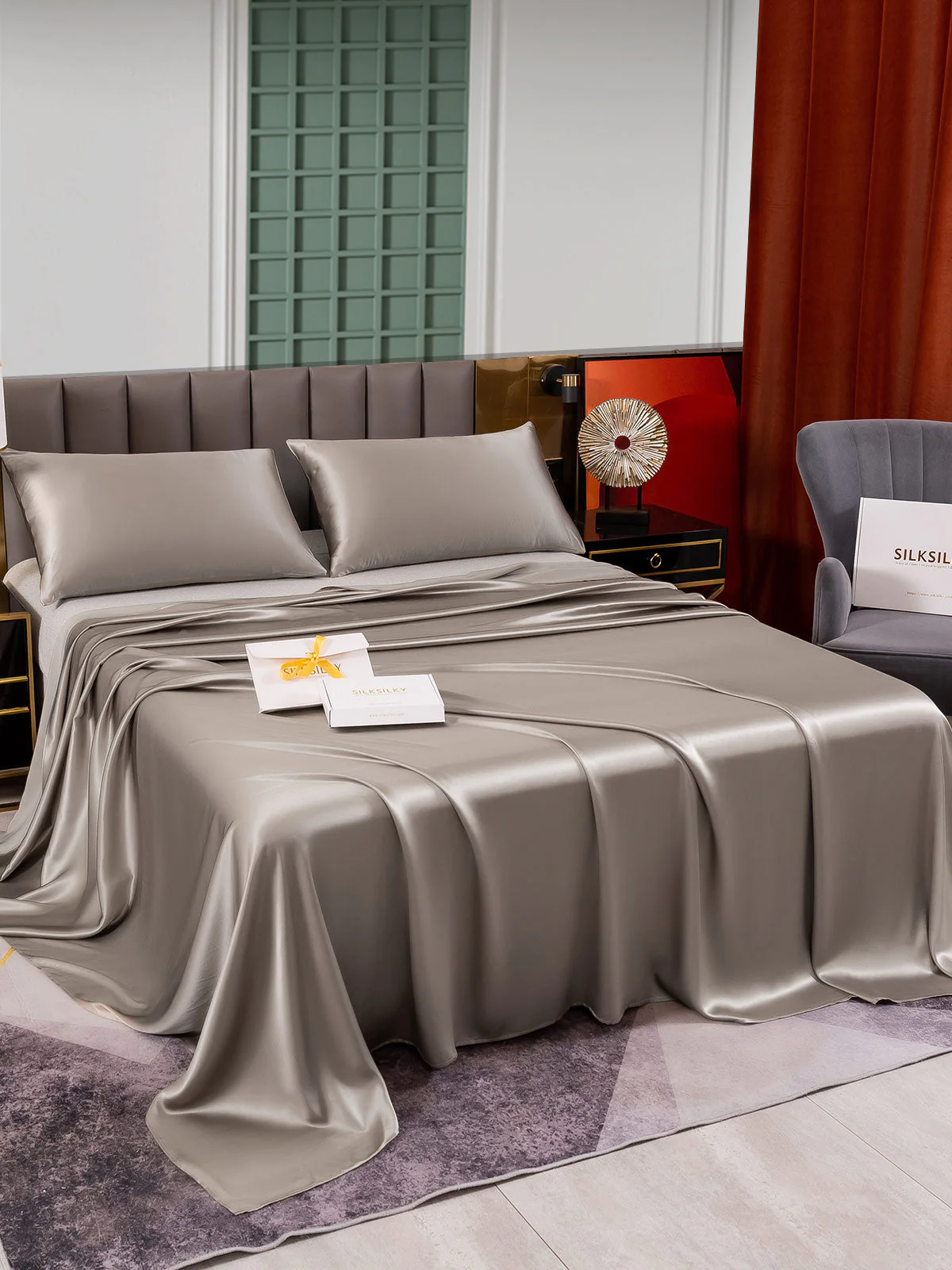25Momme 3Pcs Set de soie Draps Plat+2x Taies d‘oreiller - Image 43