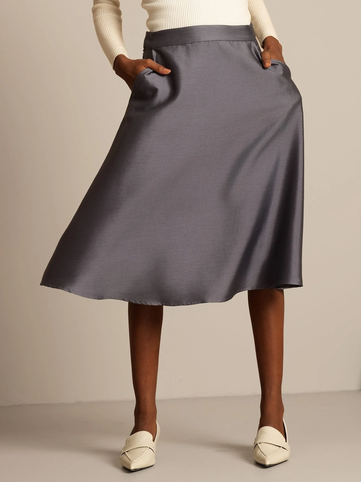 32Momme Mélange Soie-Laine Jupe Midi A-Line avec Design à Fermeture Éclair - Image 11
