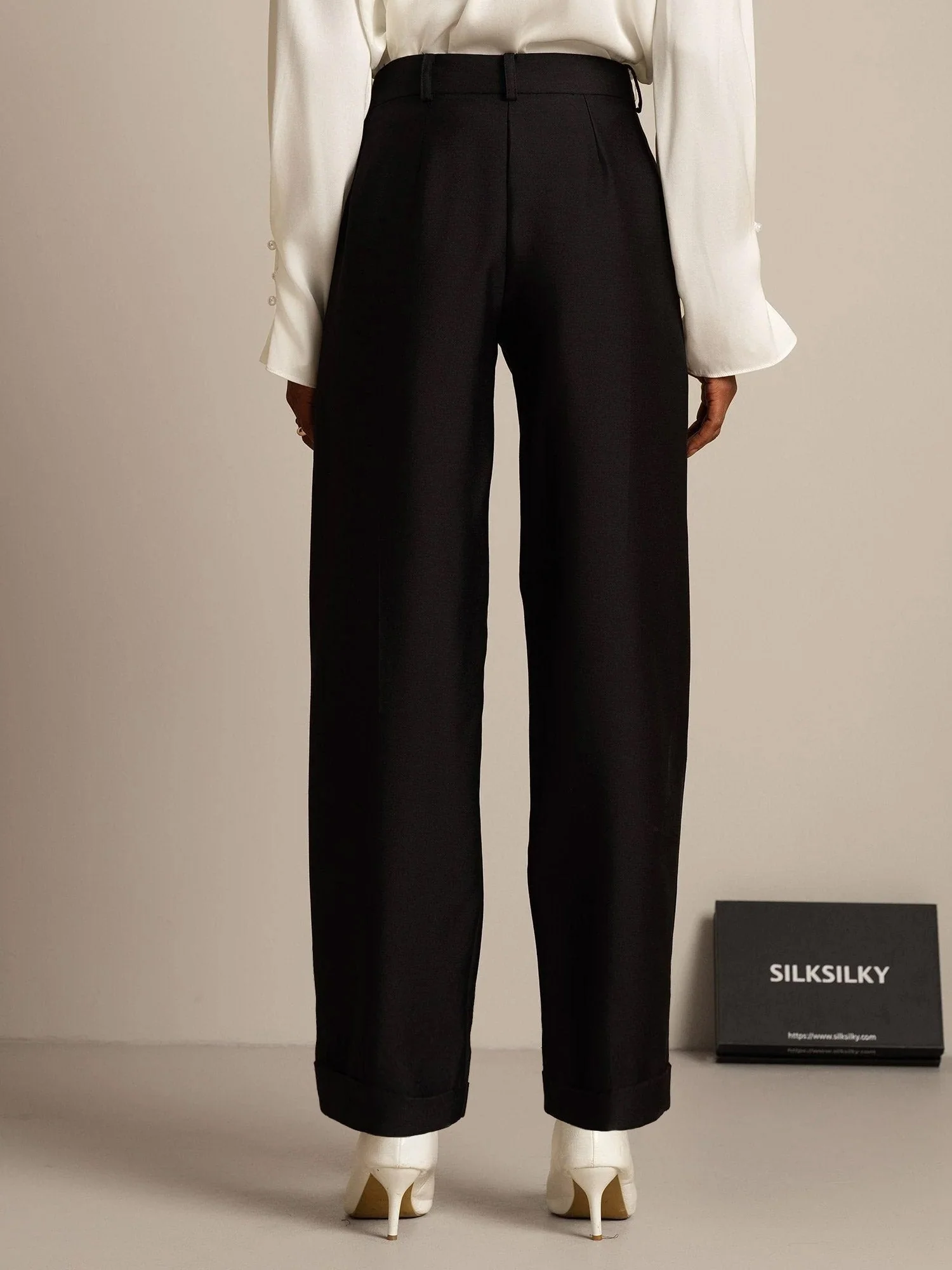 Pantalon Croisé Haut Taille Tapered Court Femme en Mélange Soie-Laine 32Momme avec Design à Taille Liée - Image 10
