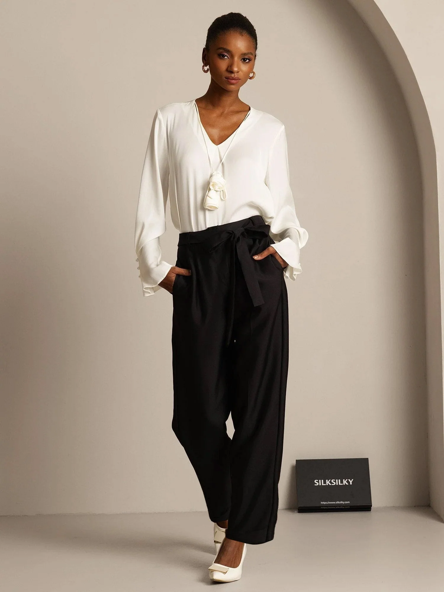Pantalon Croisé Haut Taille Tapered Court Femme en Mélange Soie-Laine 32Momme avec Design à Taille Liée - Image 11