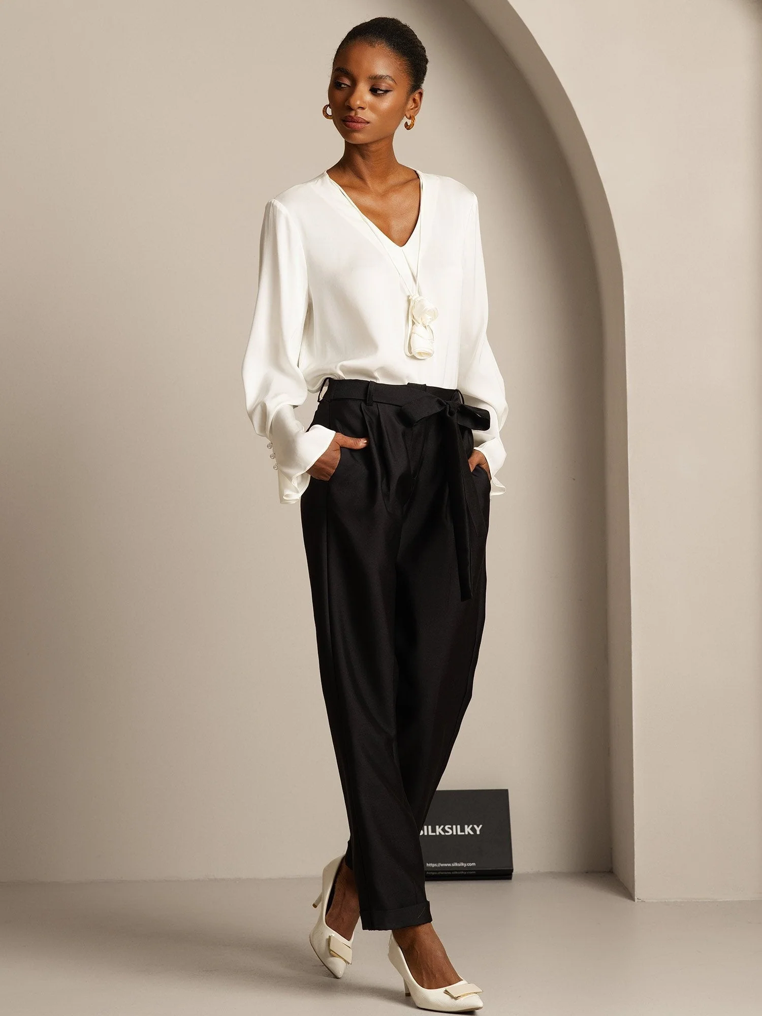 Pantalon Croisé Haut Taille Tapered Court Femme en Mélange Soie-Laine 32Momme avec Design à Taille Liée - Image 13