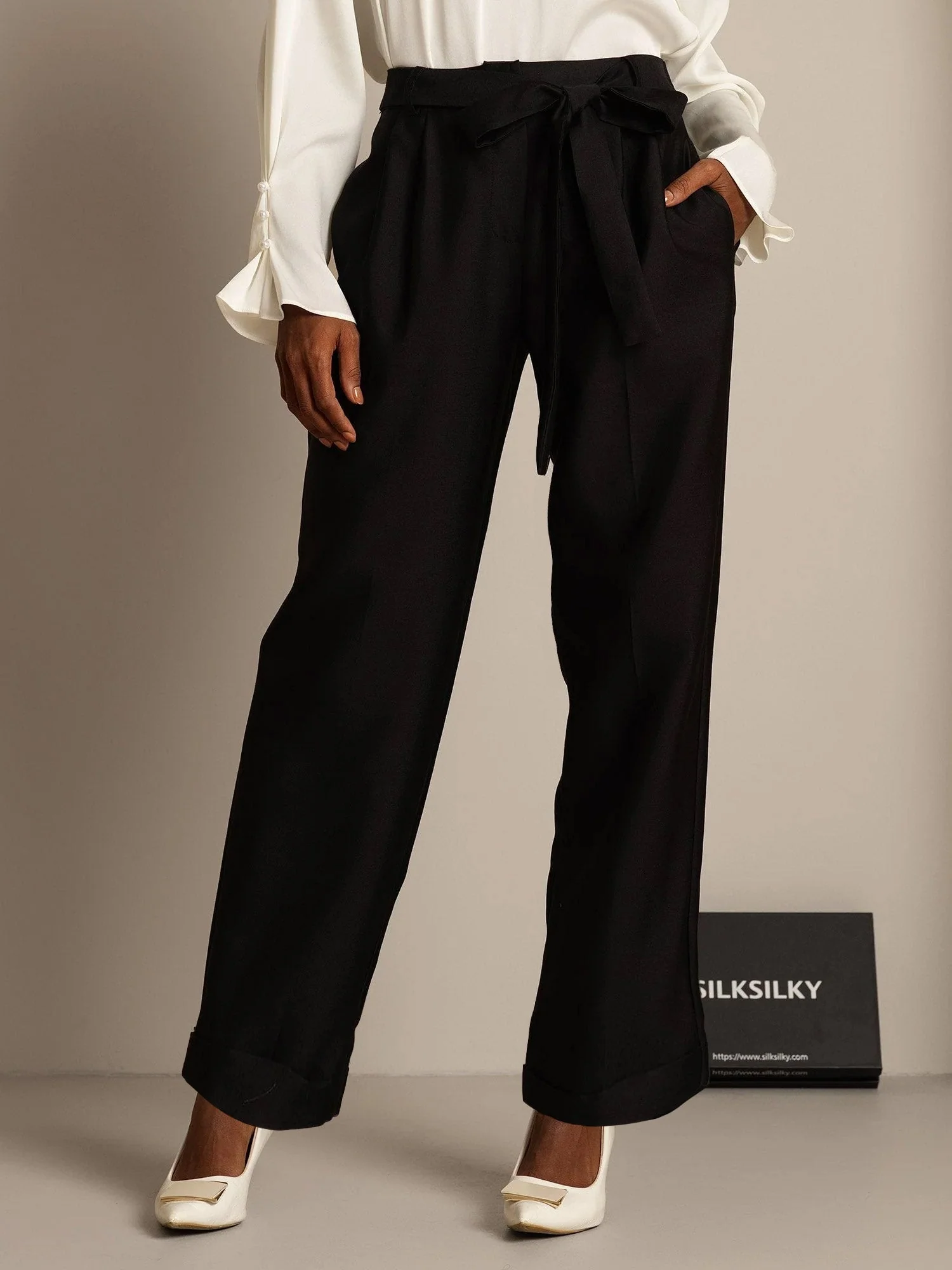 Pantalon Croisé Haut Taille Tapered Court Femme en Mélange Soie-Laine 32Momme avec Design à Taille Liée - Image 14