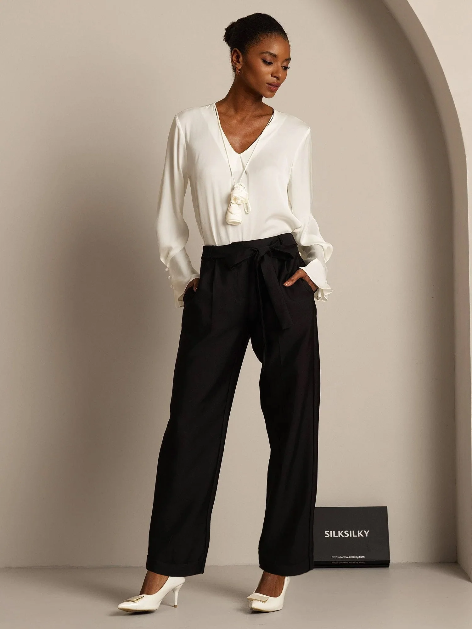 Pantalon Croisé Haut Taille Tapered Court Femme en Mélange Soie-Laine 32Momme avec Design à Taille Liée - Image 15