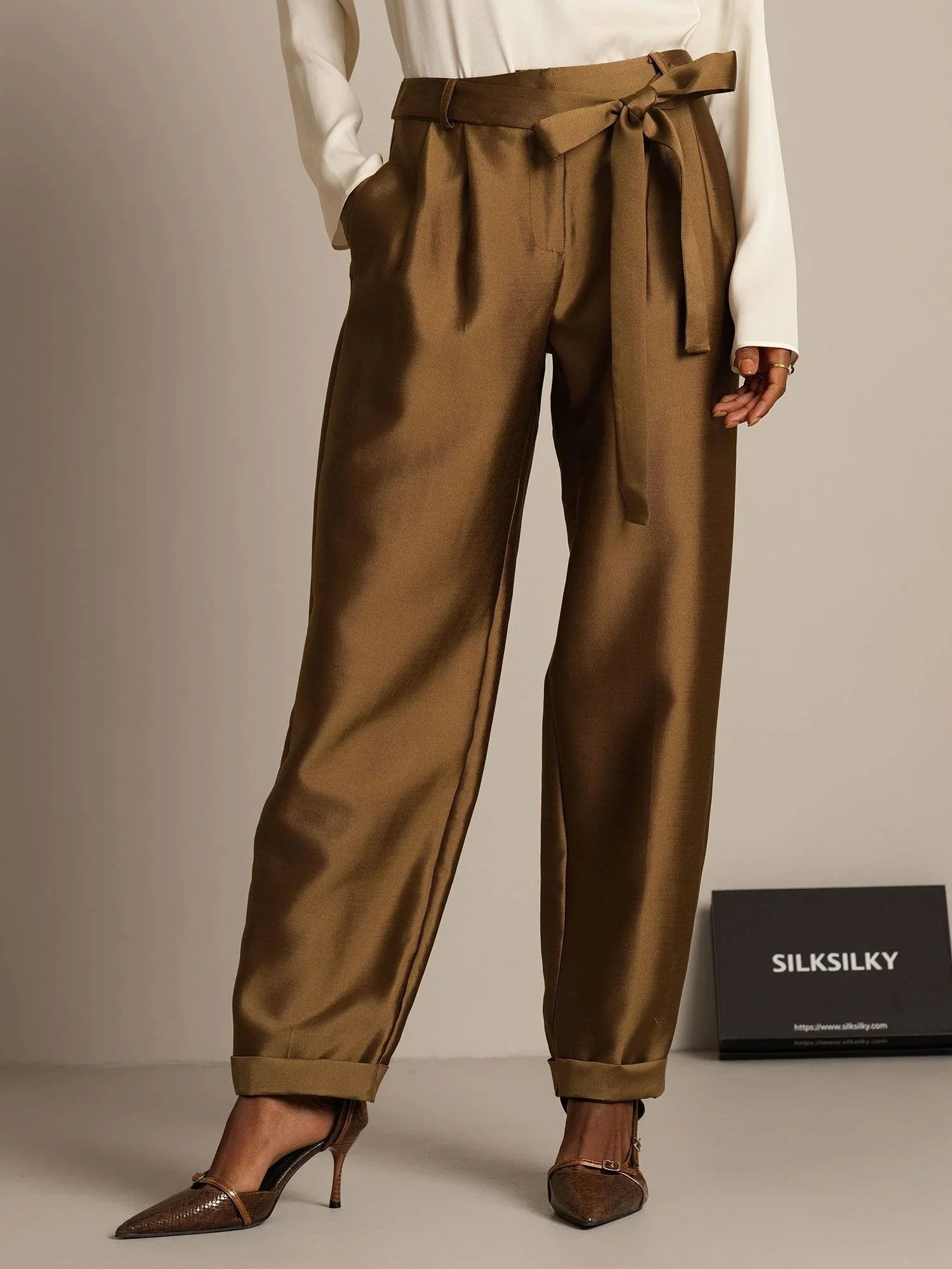 Pantalon Croisé Haut Taille Tapered Court Femme en Mélange Soie-Laine 32Momme avec Design à Taille Liée - Image 16