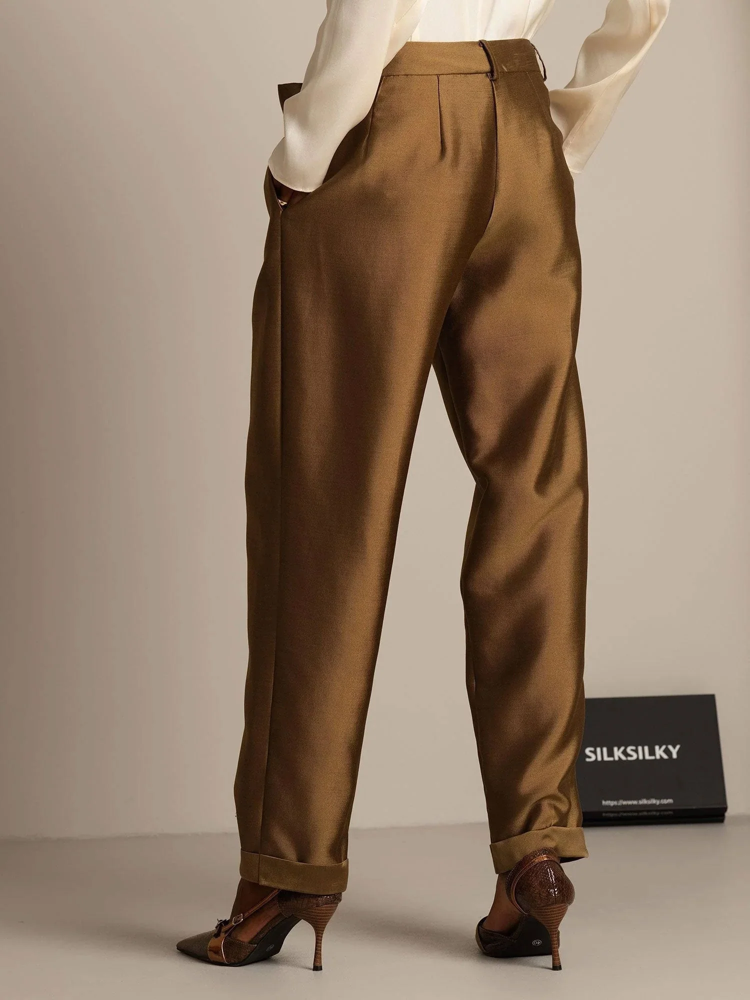 Pantalon Croisé Haut Taille Tapered Court Femme en Mélange Soie-Laine 32Momme avec Design à Taille Liée - Image 17