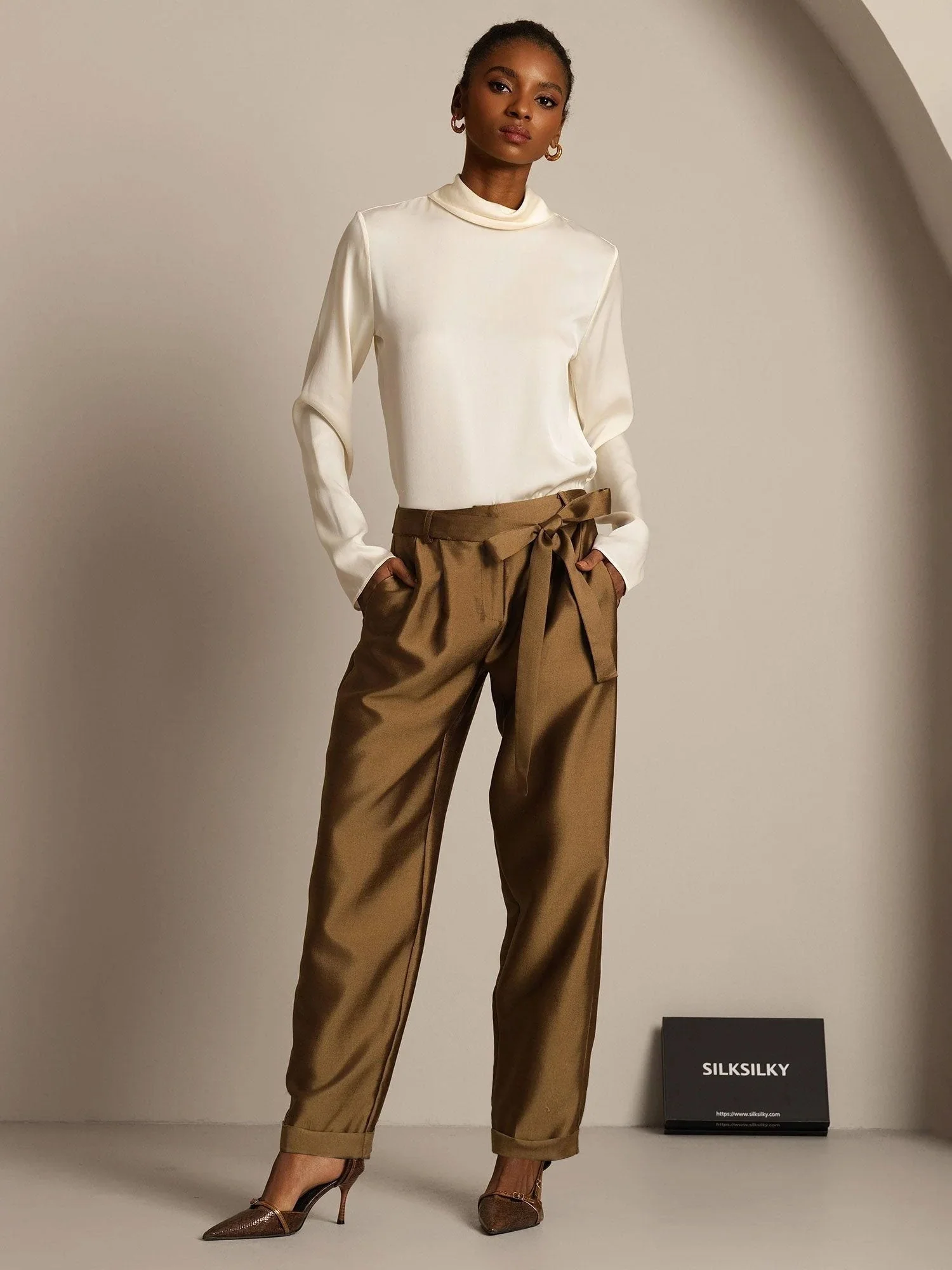 Pantalon Croisé Haut Taille Tapered Court Femme en Mélange Soie-Laine 32Momme avec Design à Taille Liée - Image 18
