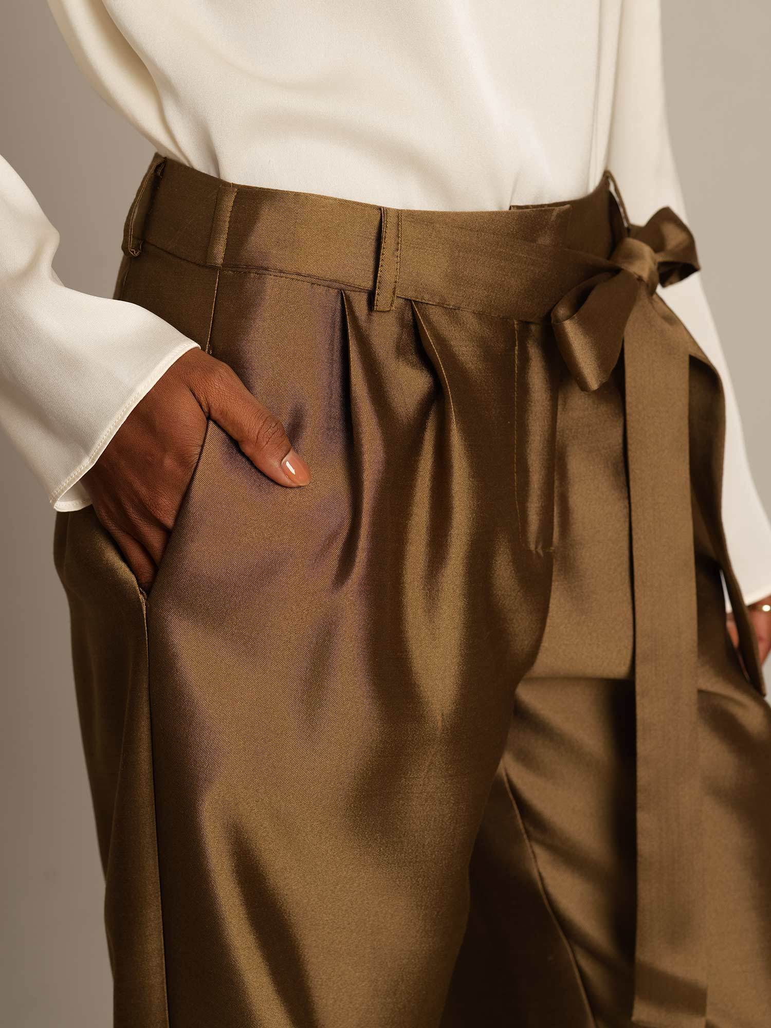 Pantalon Croisé Haut Taille Tapered Court Femme en Mélange Soie-Laine 32Momme avec Design à Taille Liée - Image 19