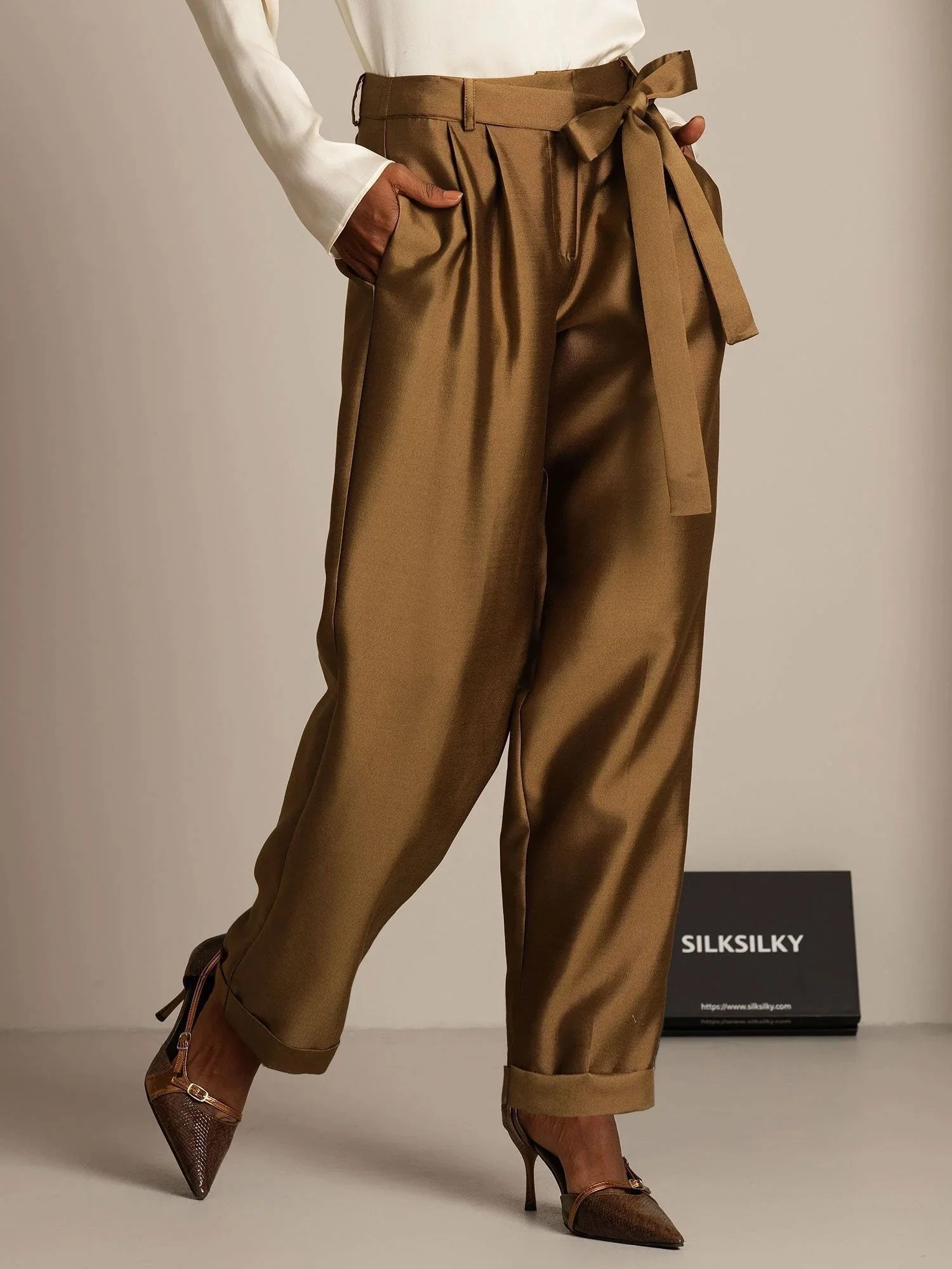 Pantalon Croisé Haut Taille Tapered Court Femme en Mélange Soie-Laine 32Momme avec Design à Taille Liée - Image 21