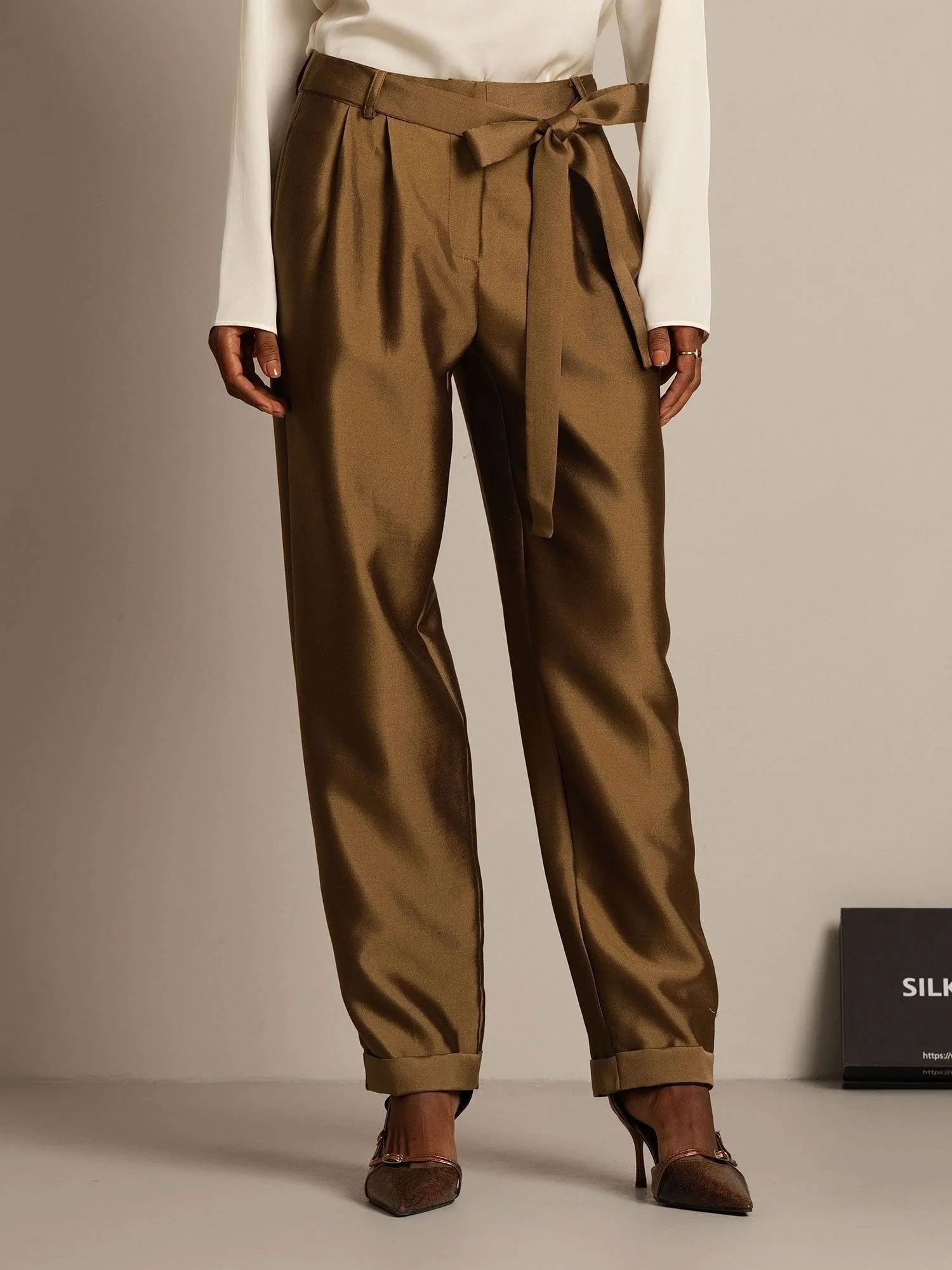 Pantalon Croisé Haut Taille Tapered Court Femme en Mélange Soie-Laine 32Momme avec Design à Taille Liée - Image 22