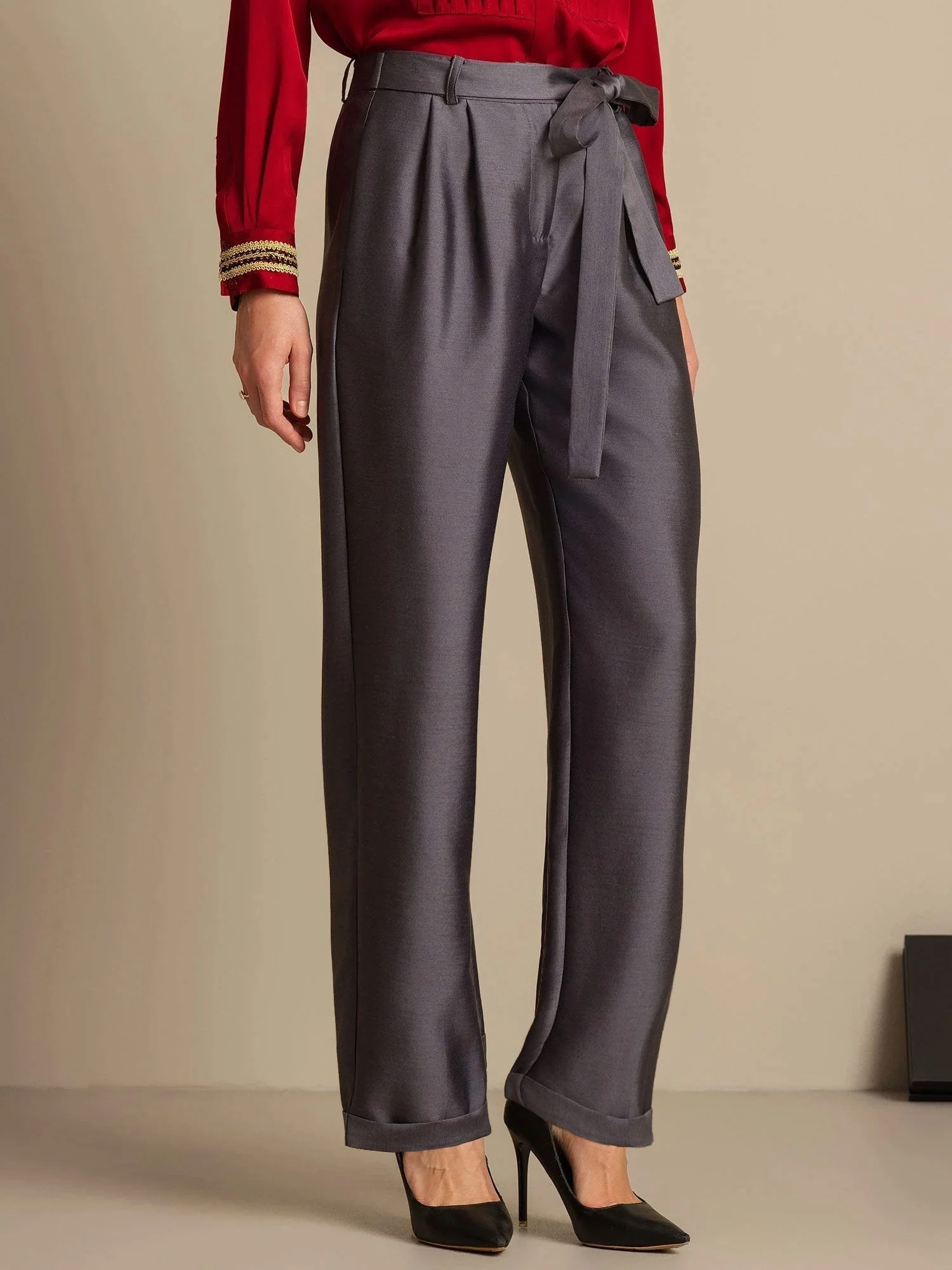 Pantalon Croisé Haut Taille Tapered Court Femme en Mélange Soie-Laine 32Momme avec Design à Taille Liée - Image 3