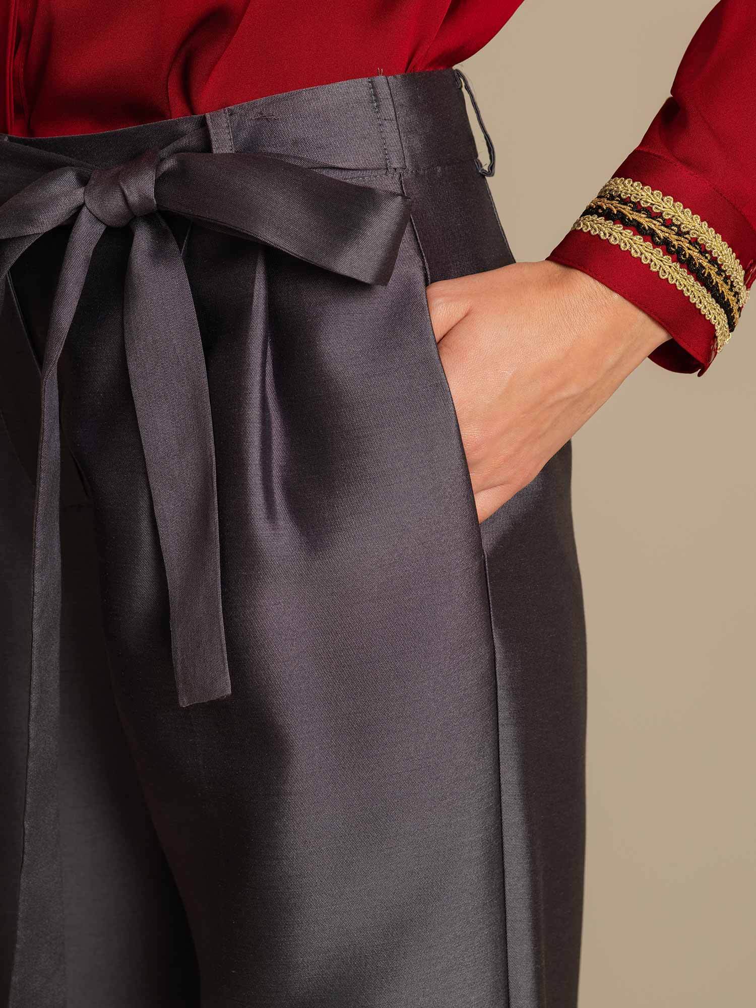 Pantalon Croisé Haut Taille Tapered Court Femme en Mélange Soie-Laine 32Momme avec Design à Taille Liée - Image 4