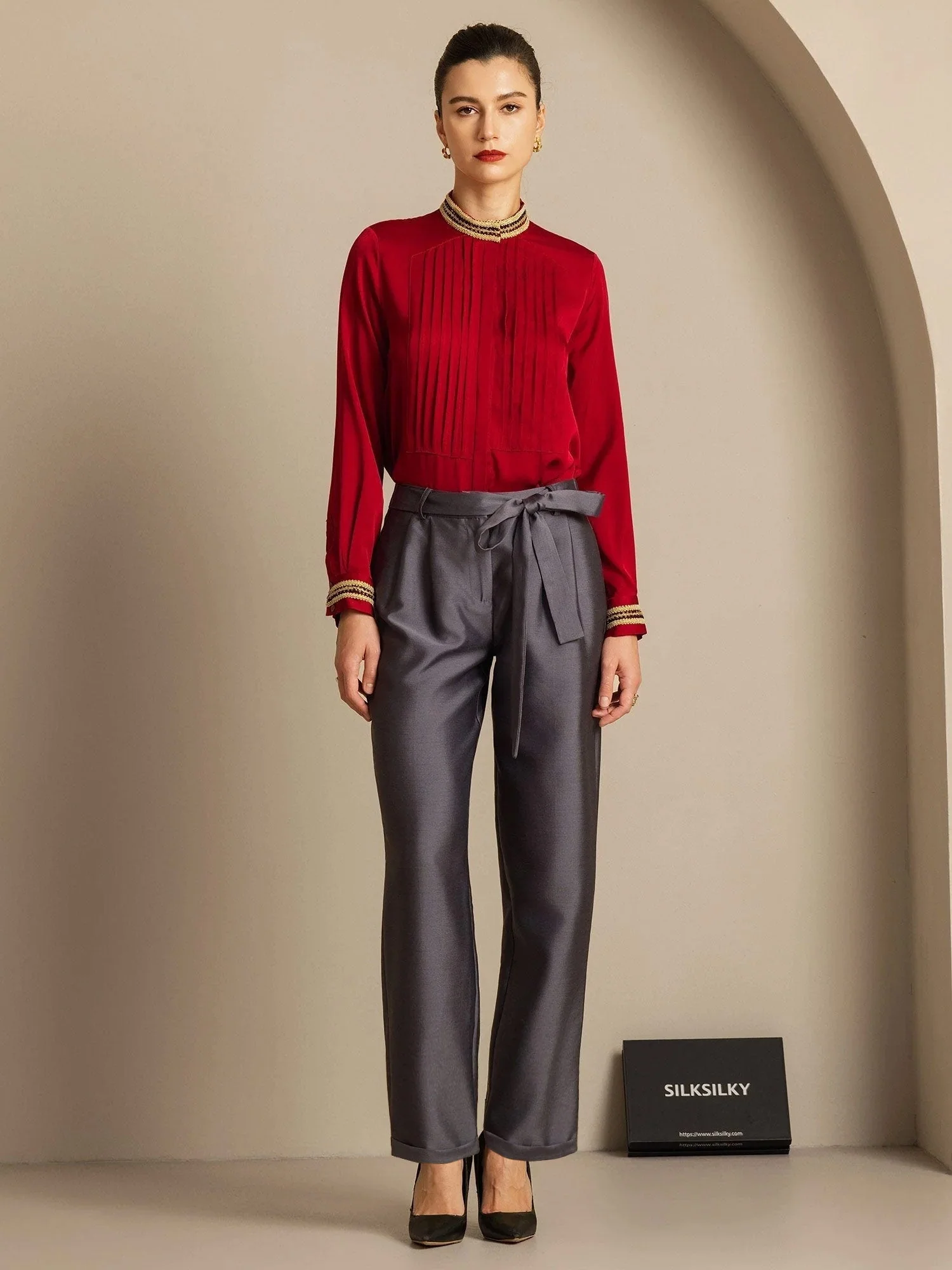 Pantalon Croisé Haut Taille Tapered Court Femme en Mélange Soie-Laine 32Momme avec Design à Taille Liée - Image 6