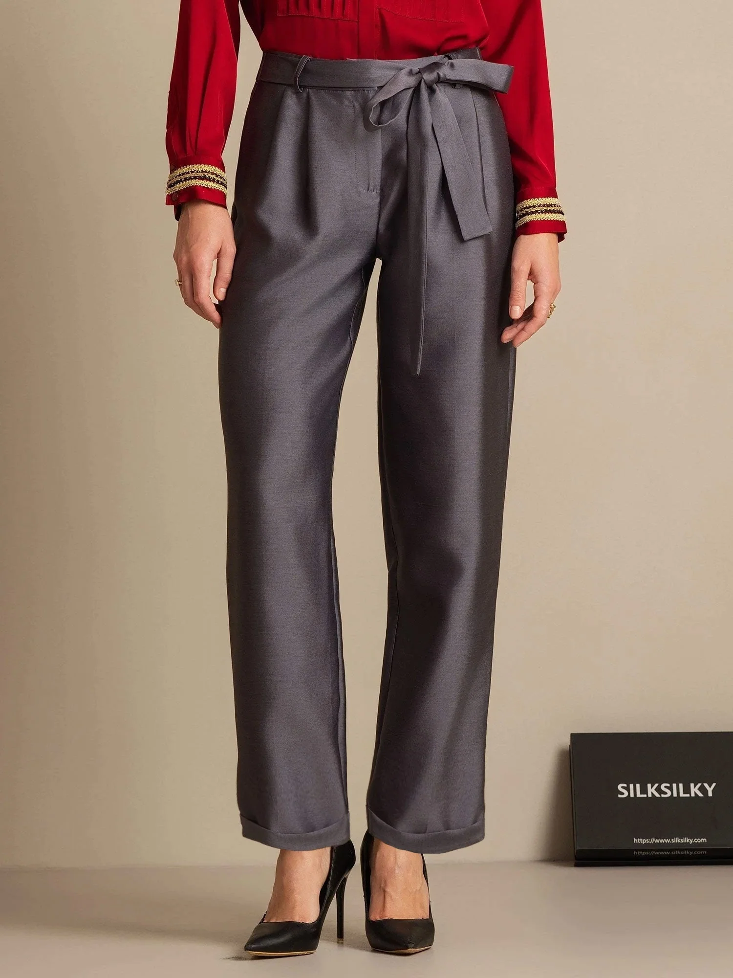 Pantalon Croisé Haut Taille Tapered Court Femme en Mélange Soie-Laine 32Momme avec Design à Taille Liée - Image 7