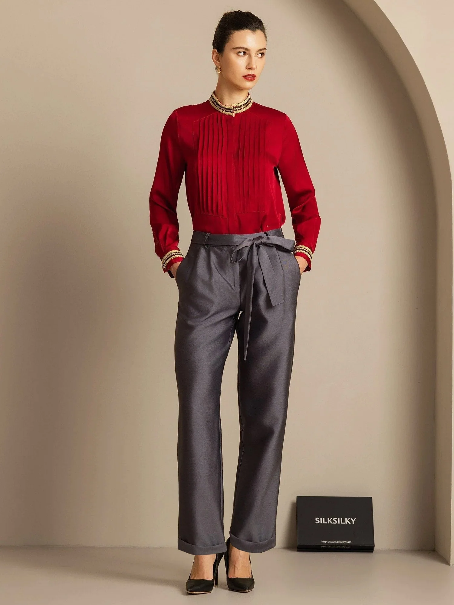 Pantalon Croisé Haut Taille Tapered Court Femme en Mélange Soie-Laine 32Momme avec Design à Taille Liée - Image 8