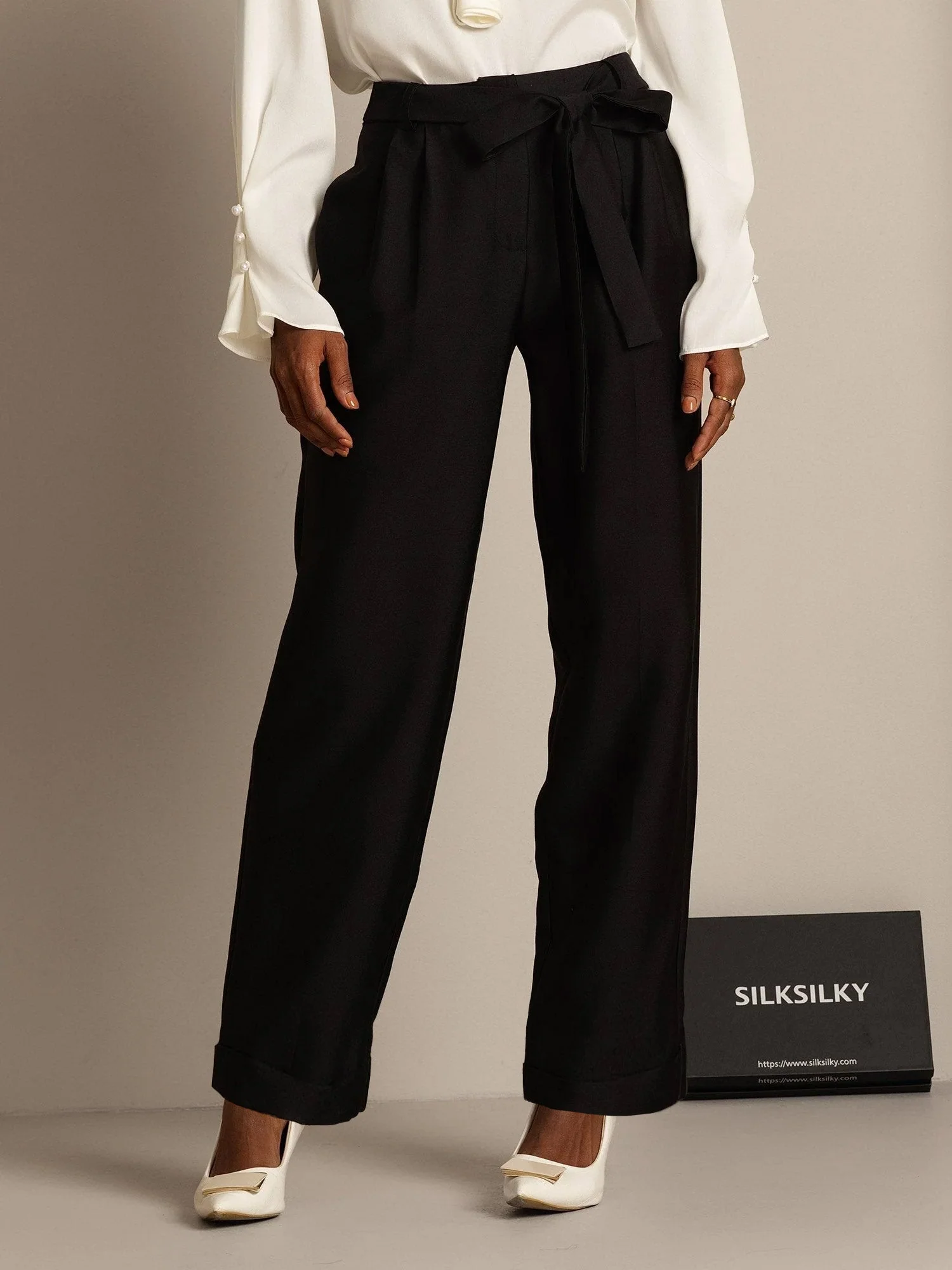 Pantalon Croisé Haut Taille Tapered Court Femme en Mélange Soie-Laine 32Momme avec Design à Taille Liée - Image 9