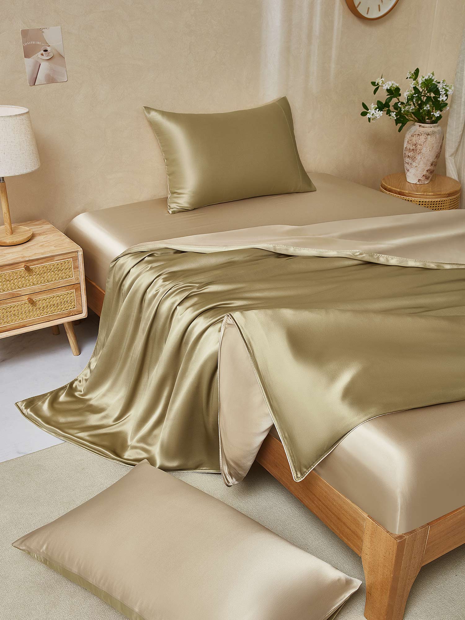 19Momme 4pcs Housse de couette+Taie d‘oreiller + Drap Housse - Image 110