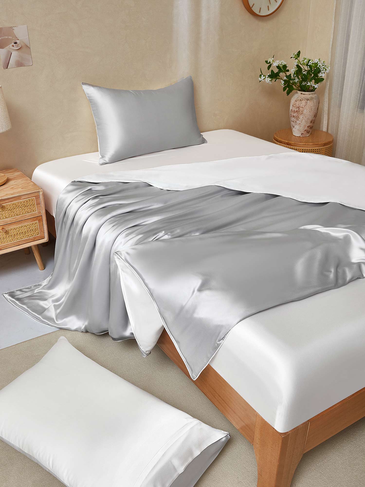 19Momme 4pcs Housse de couette+Taie d‘oreiller + Drap Housse - Image 118