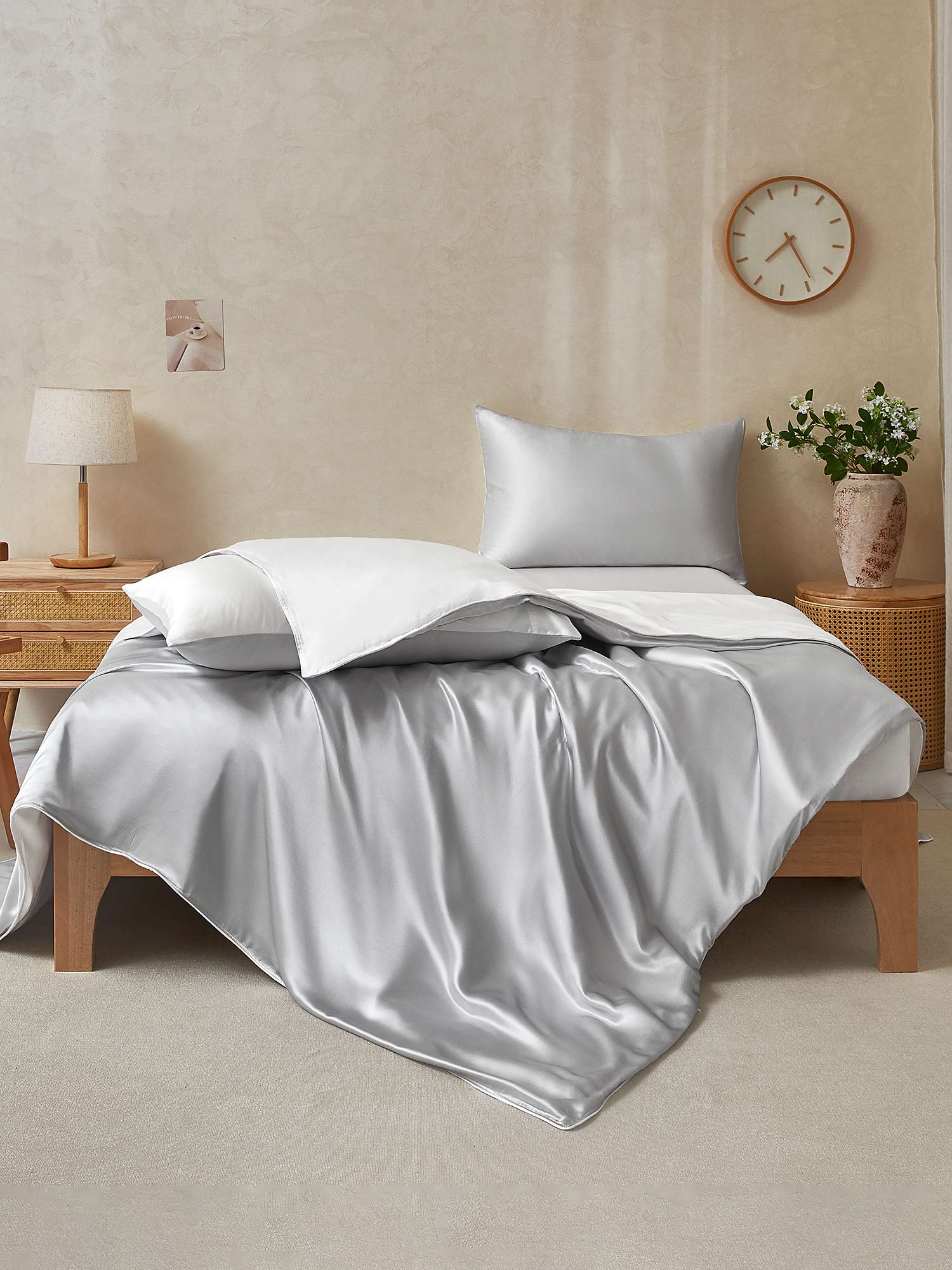 19Momme 4pcs Housse de couette+Taie d‘oreiller + Drap Housse - Image 119