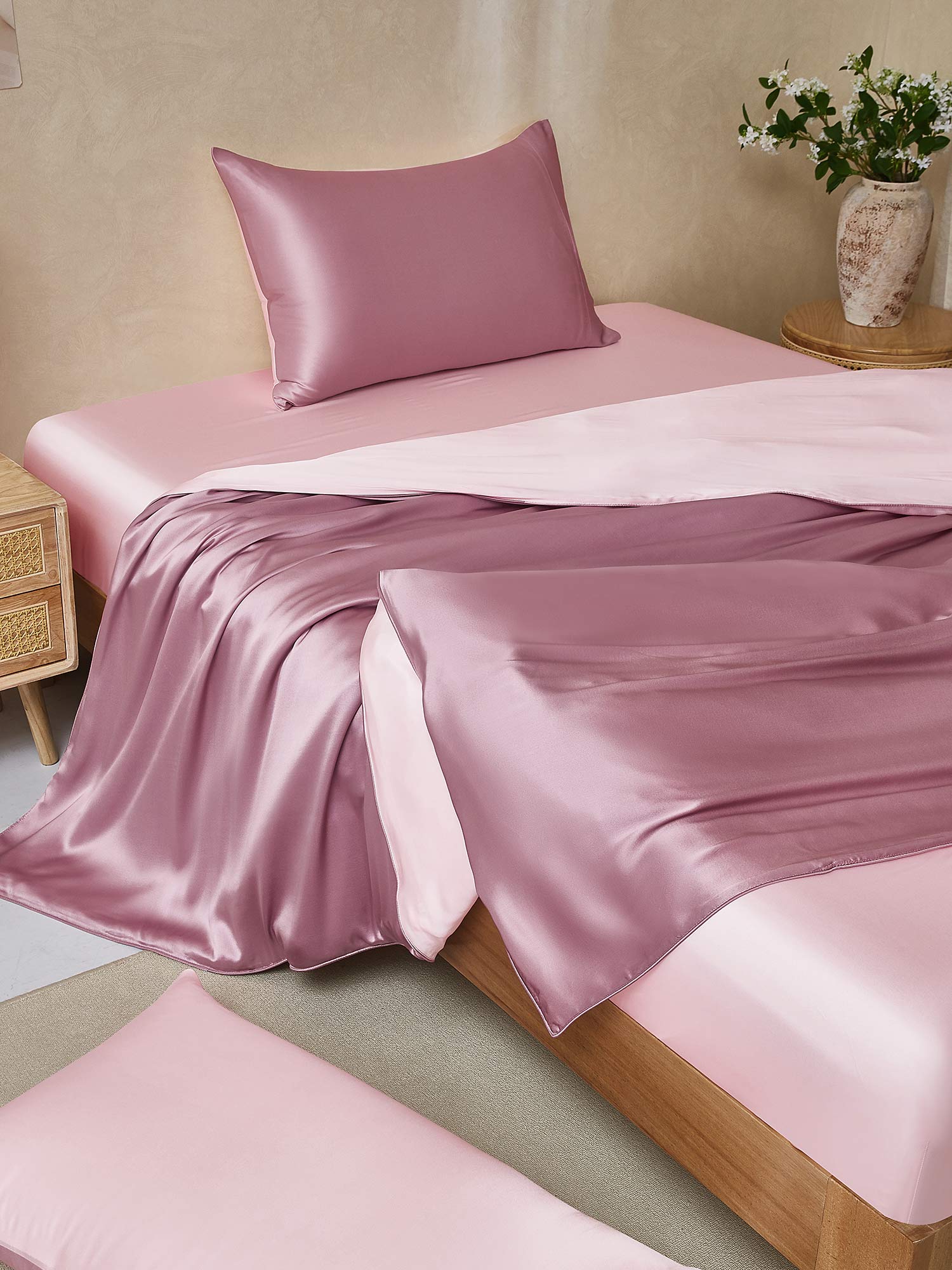 19Momme 4pcs Housse de couette+Taie d‘oreiller + Drap Housse - Image 125