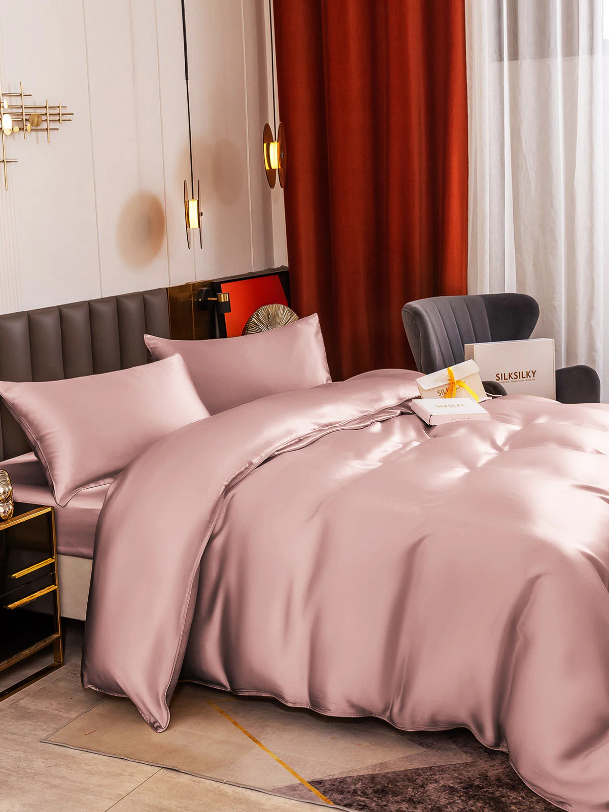 19Momme 4pcs Housse de couette+Taie d‘oreiller + Drap Housse - Image 58