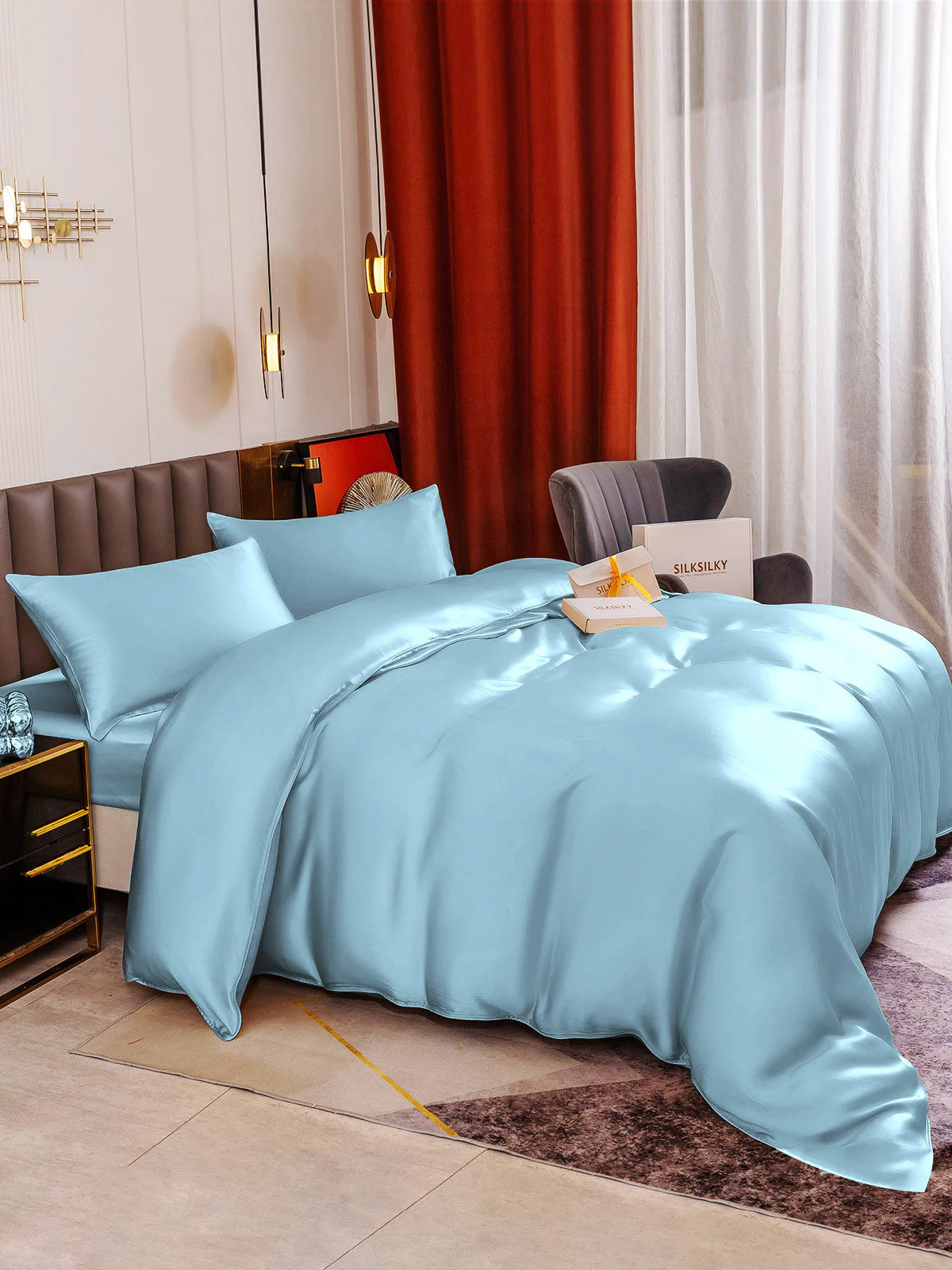 19Momme 4pcs Housse de couette+Taie d‘oreiller + Drap Housse - Image 85