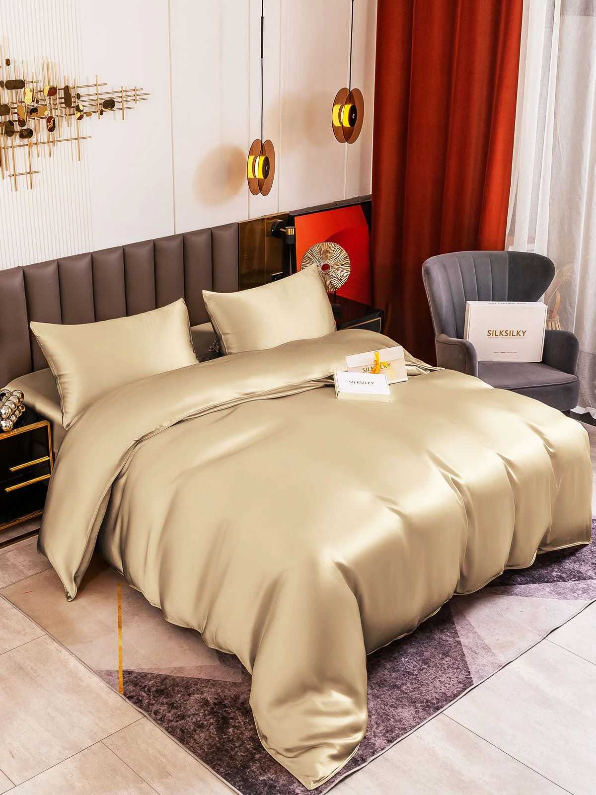 19Momme 4pcs Housse de couette+Taie d‘oreiller + Drap Housse - Image 86